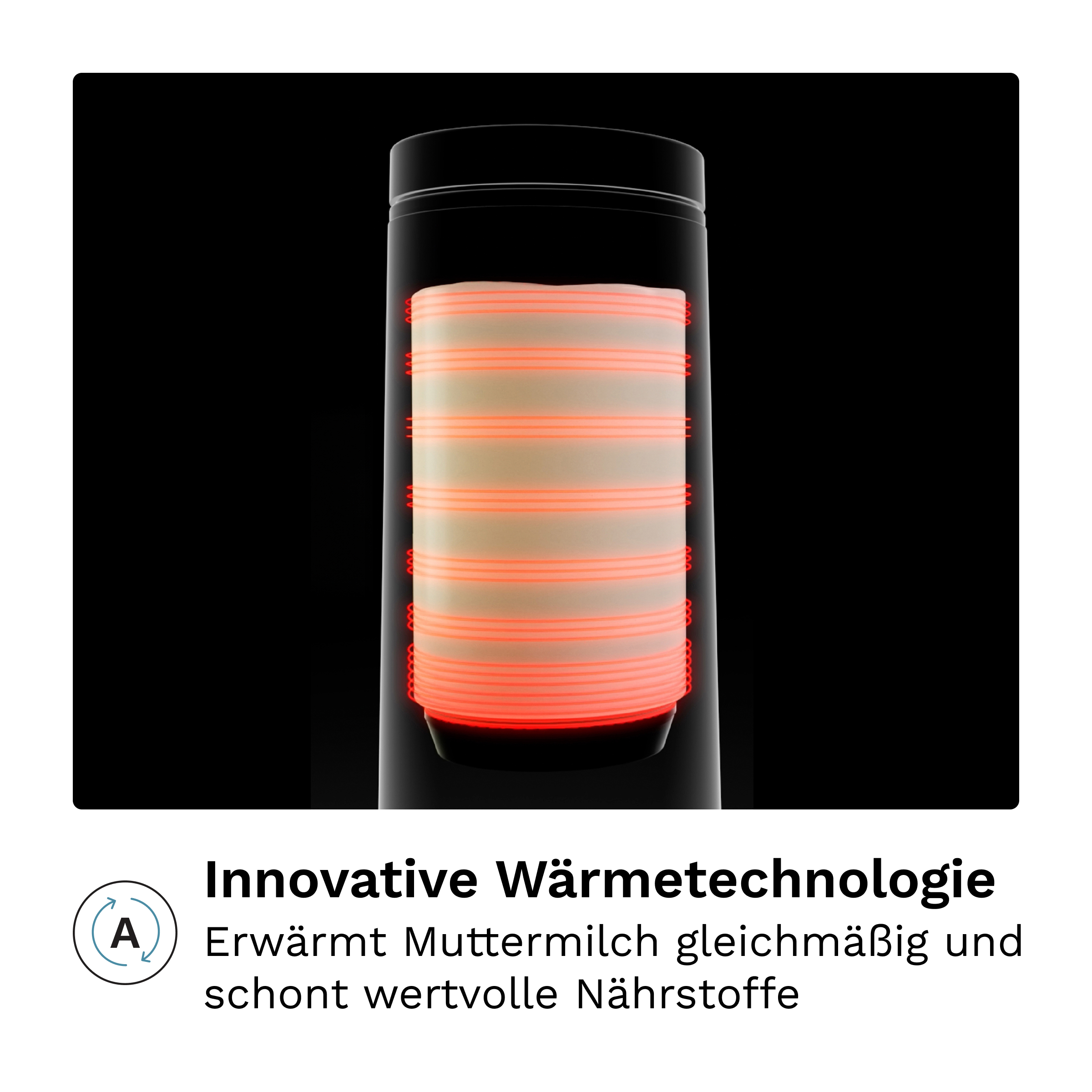 Ein zylindrischer Behälter mit rot leuchtenden Heizringen im inneren auf schwarzem Hintergrund.