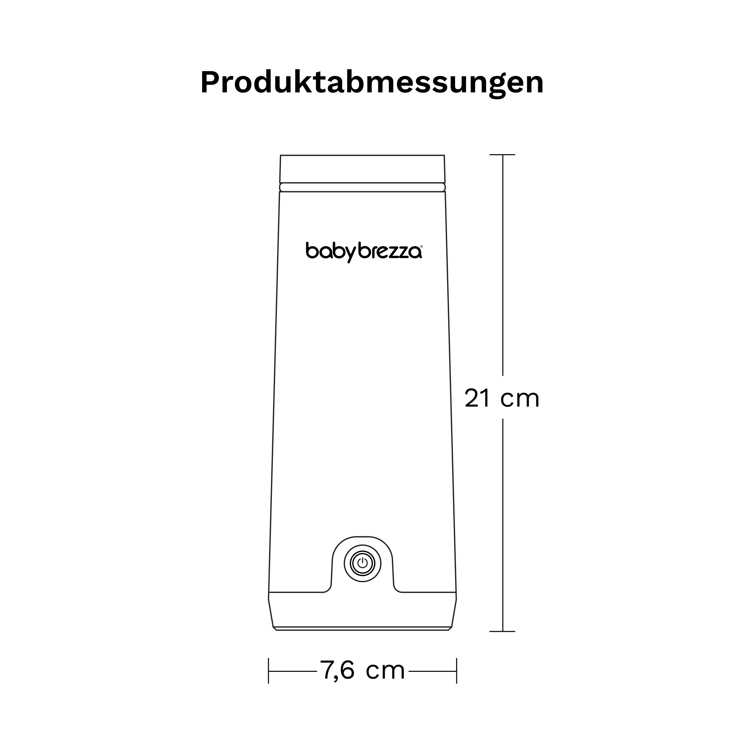 Diagramm der Produktabmessungen einer Baby Brezza Maschine, 21 cm hoch und 7,6 cm breit.
