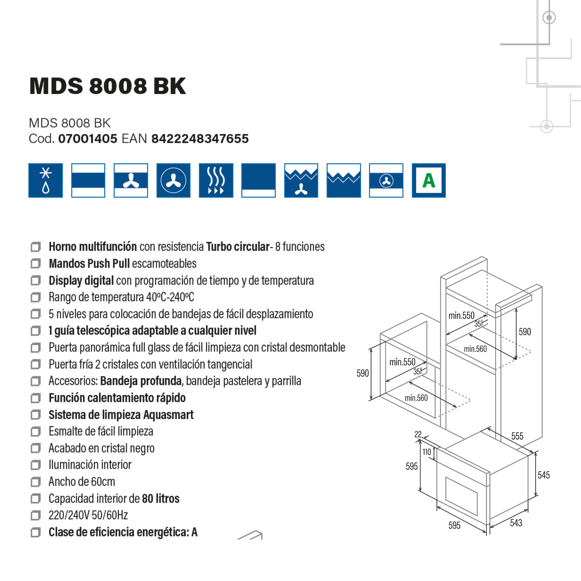 Az MDS 8008 BK beépíthető sütő műszaki rajza és specifikációi.