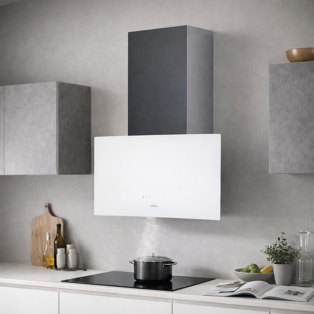 Una cocina moderna con una campana extractora blanca y gris sobre una olla humeante.