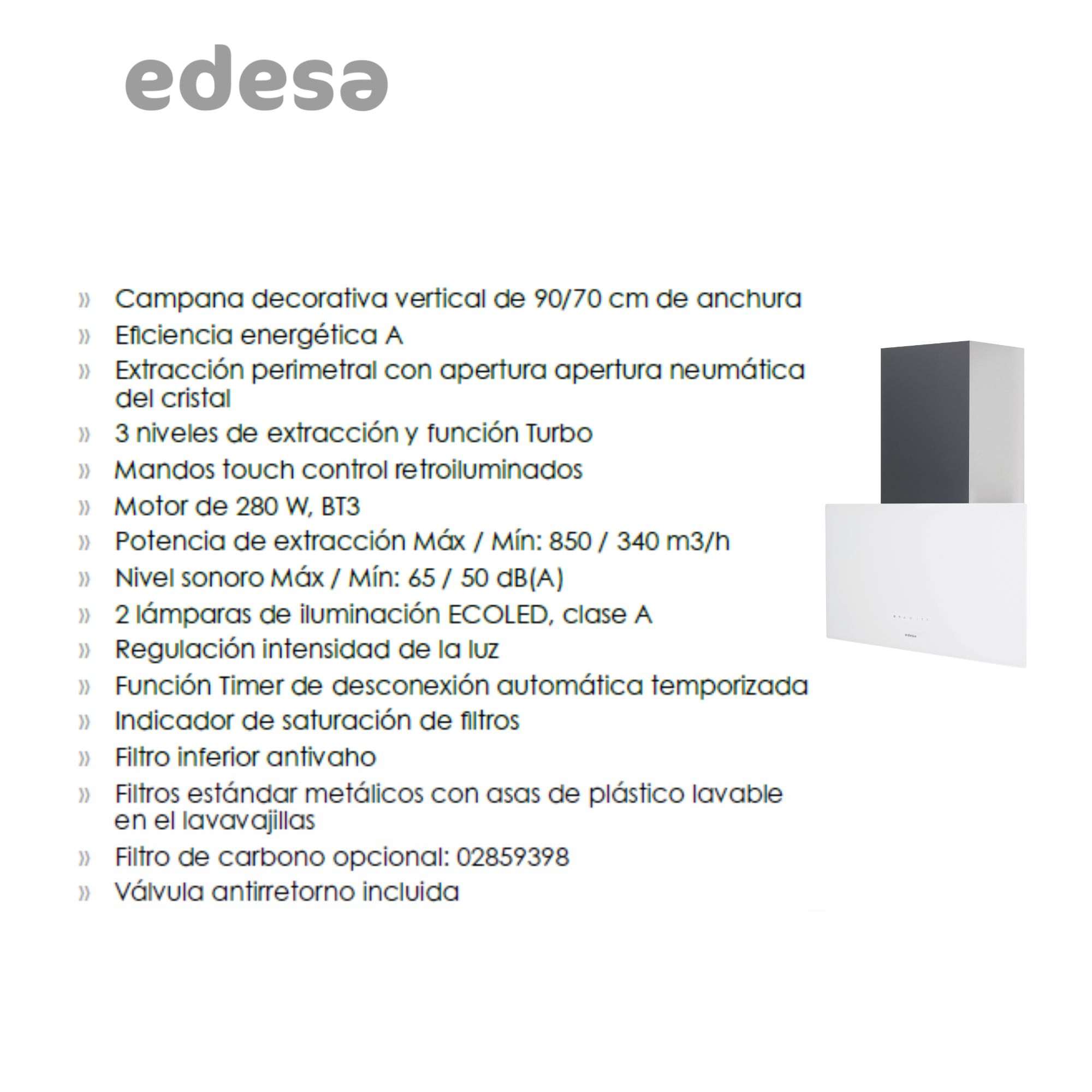 Imagen promocional de Edesa con campana extractora blanca y datos técnicos.