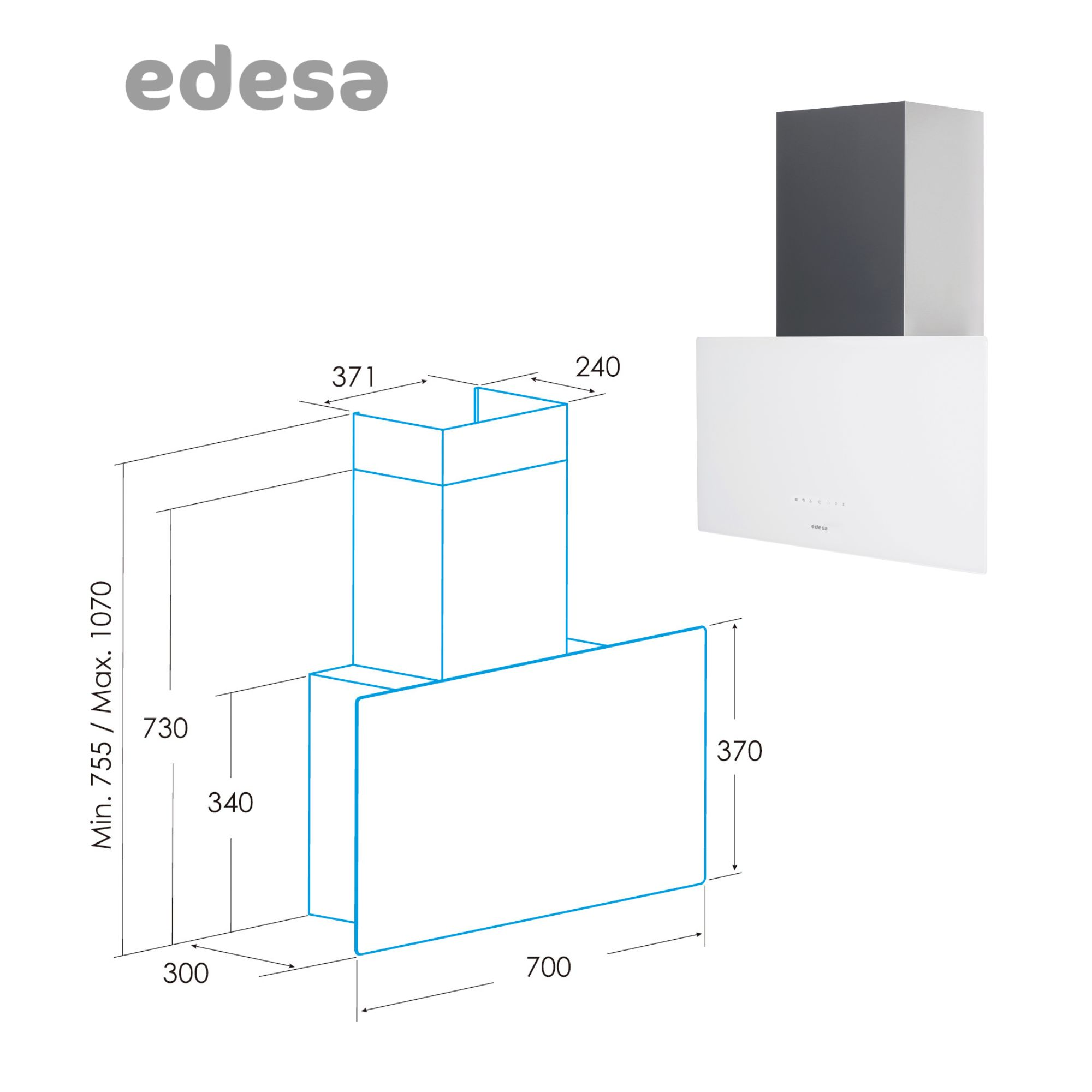 Diagrama de una campana extractora Edesa blanca con medidas en milímetros sobre fondo blanco.