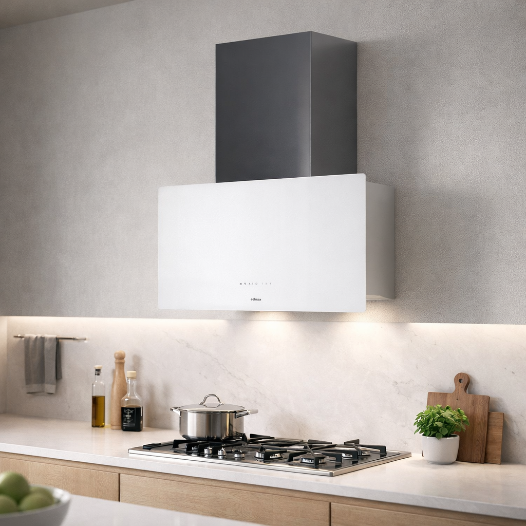 Moderna campana extractora blanca y negra sobre una placa de gas en una cocina luminosa.