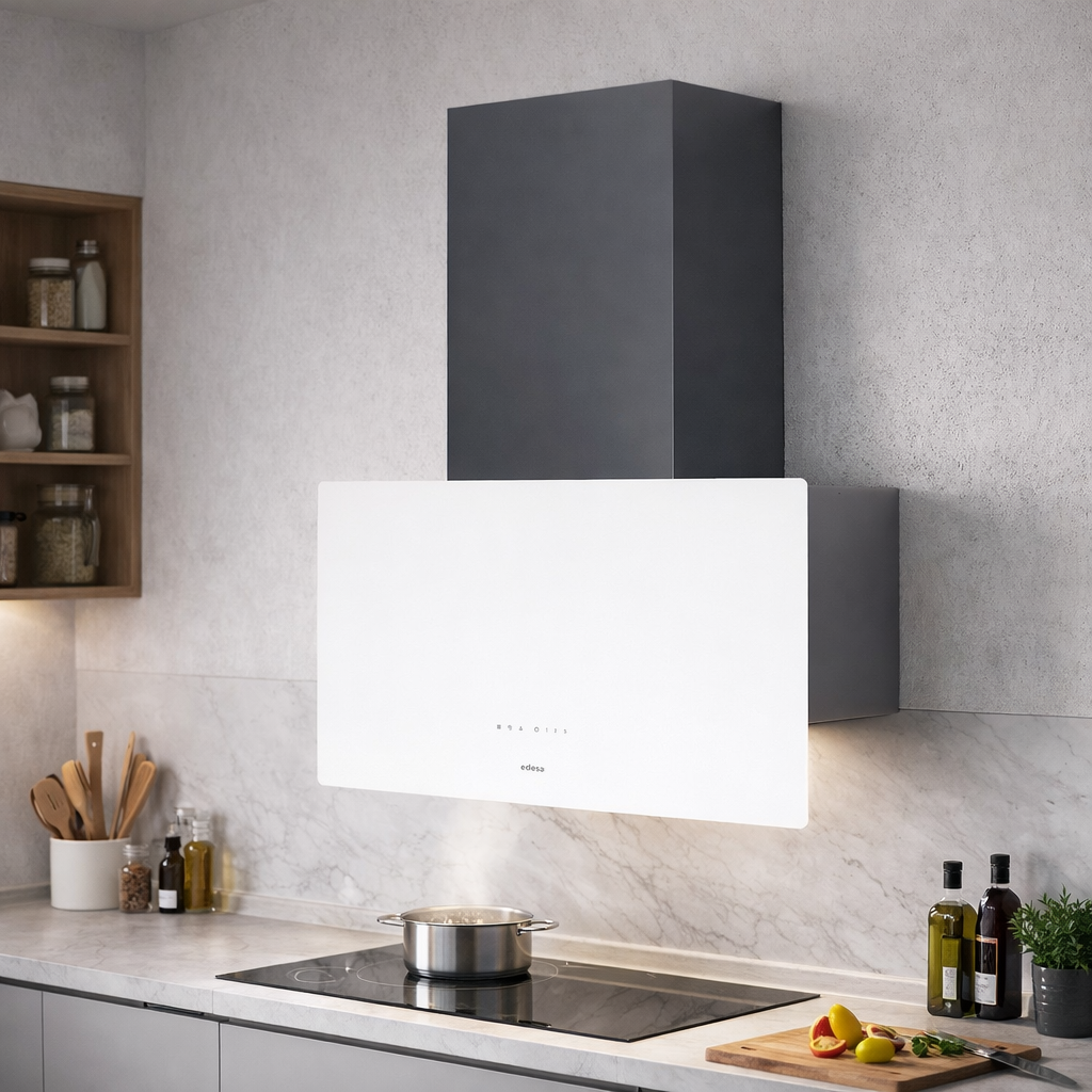 Moderna cocina con campana extractora negra, panel blanco, placa y utensilios en una encimera de mármol.