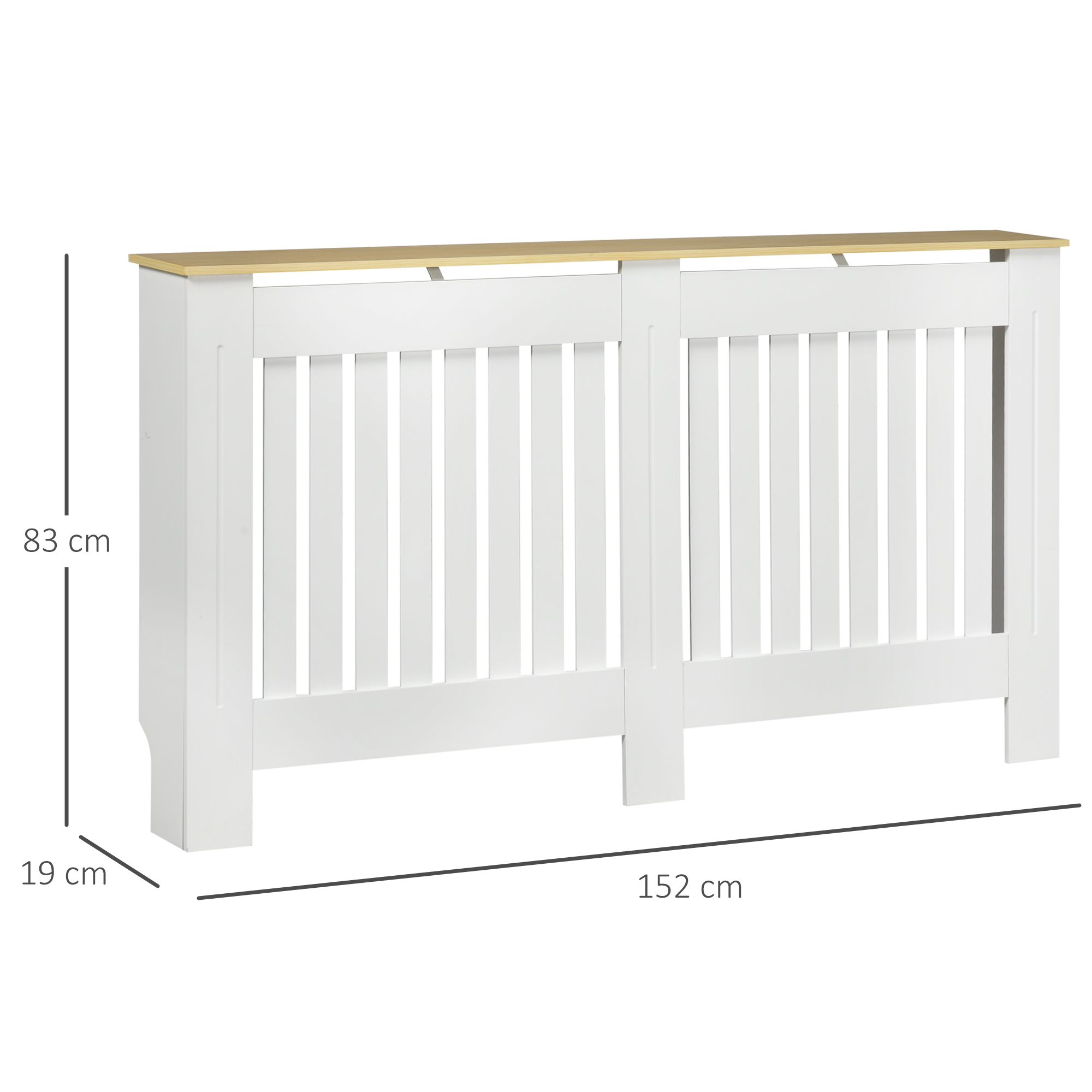 Cubrerradiador blanco con balda de madera y líneas de cota que muestran 83 cm, 152 cm y 19 cm.