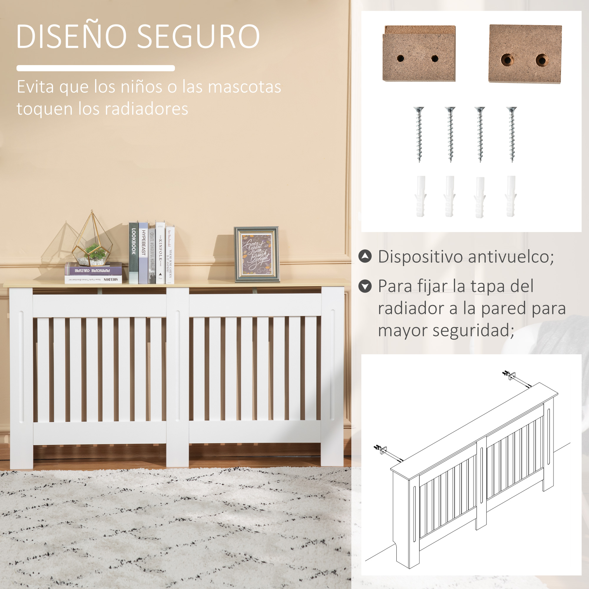 Cubrerradiadores blanco con kit de fijación para mayor seguridad.