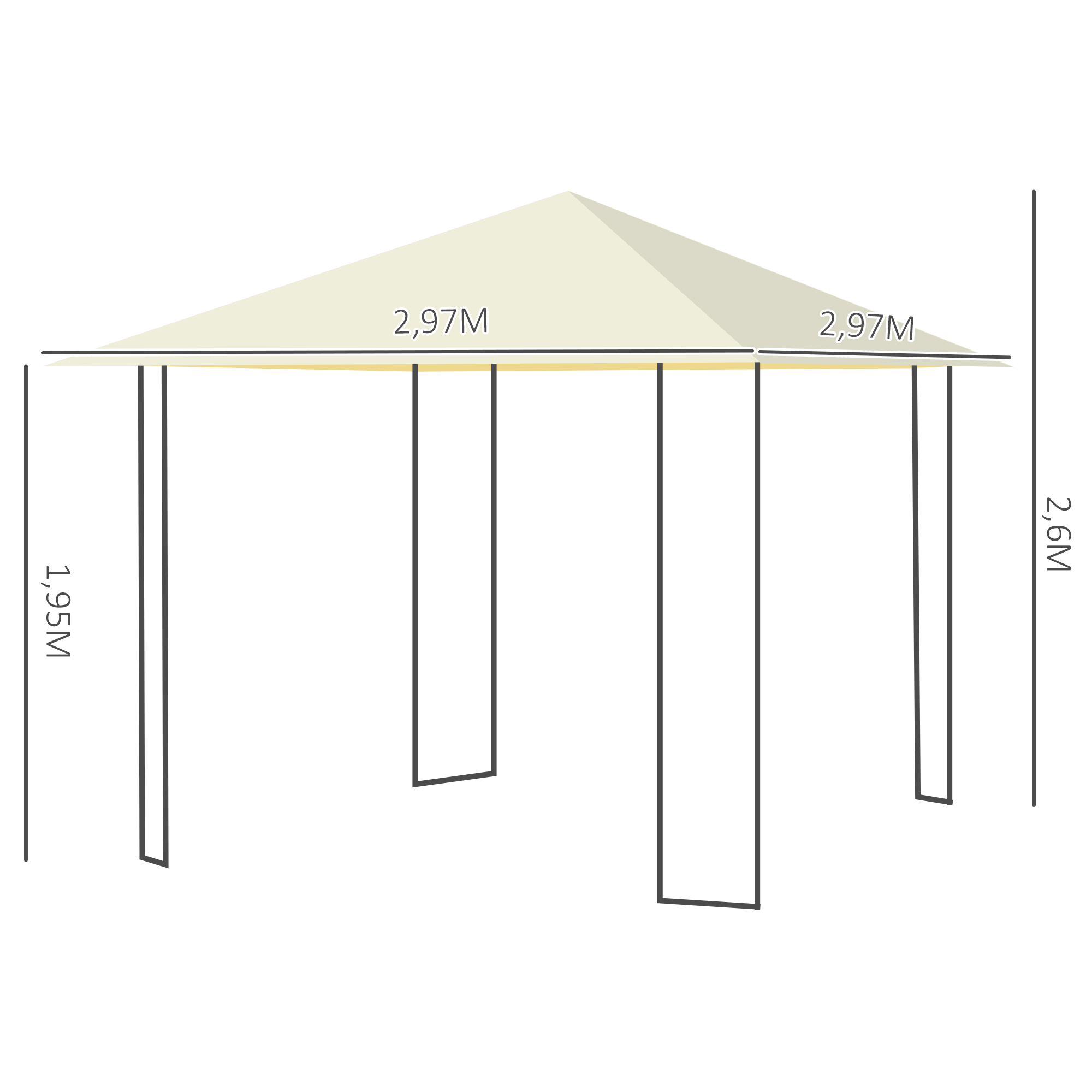 Diagrama técnico de un cenador con dimensiones: 2,97 m de ancho, 1,95 m de altura libre y 2,6 m de altura total.