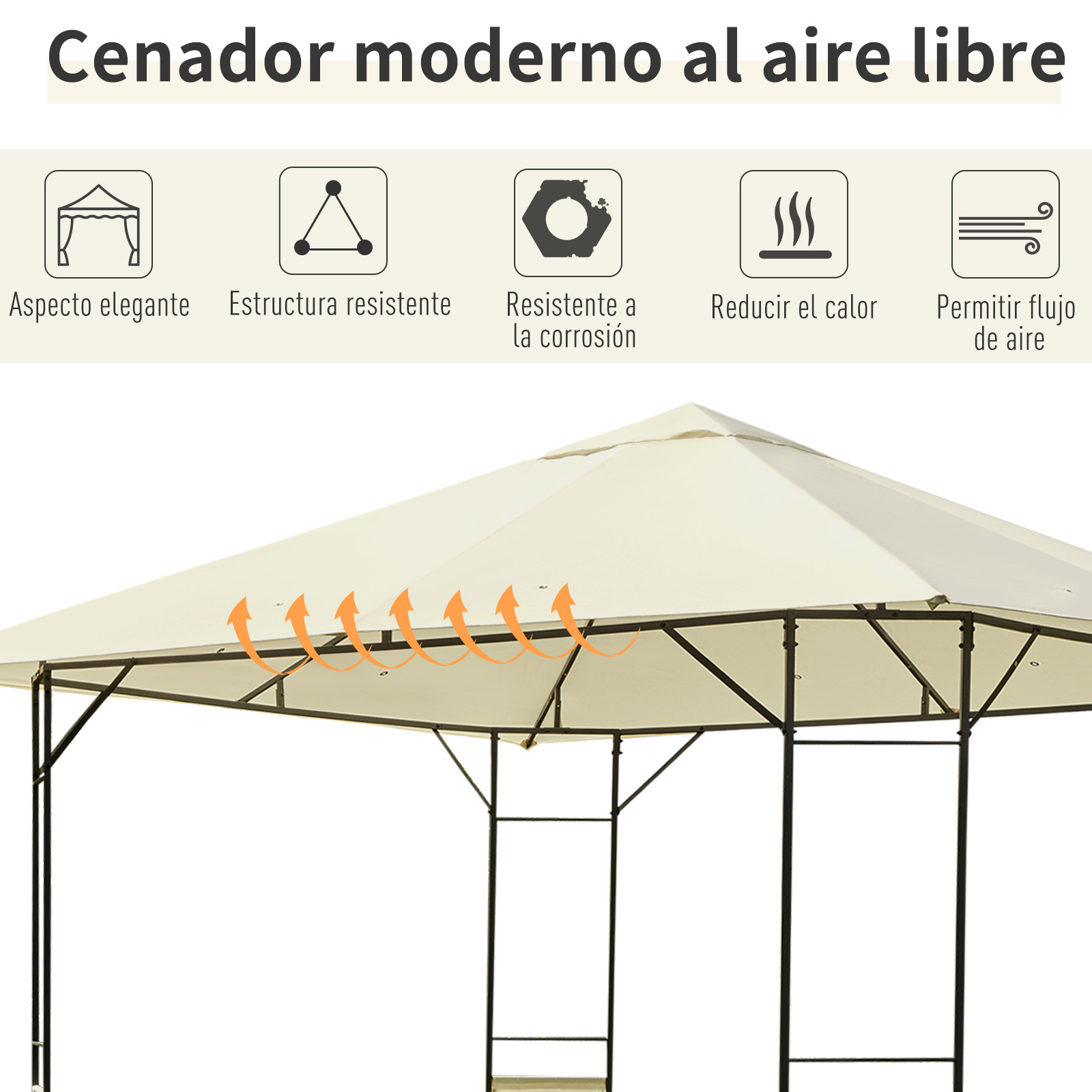 Cenador moderno al aire libre con estructura de metal negro y techo beis, con iconos de durabilidad y flujo de aire.