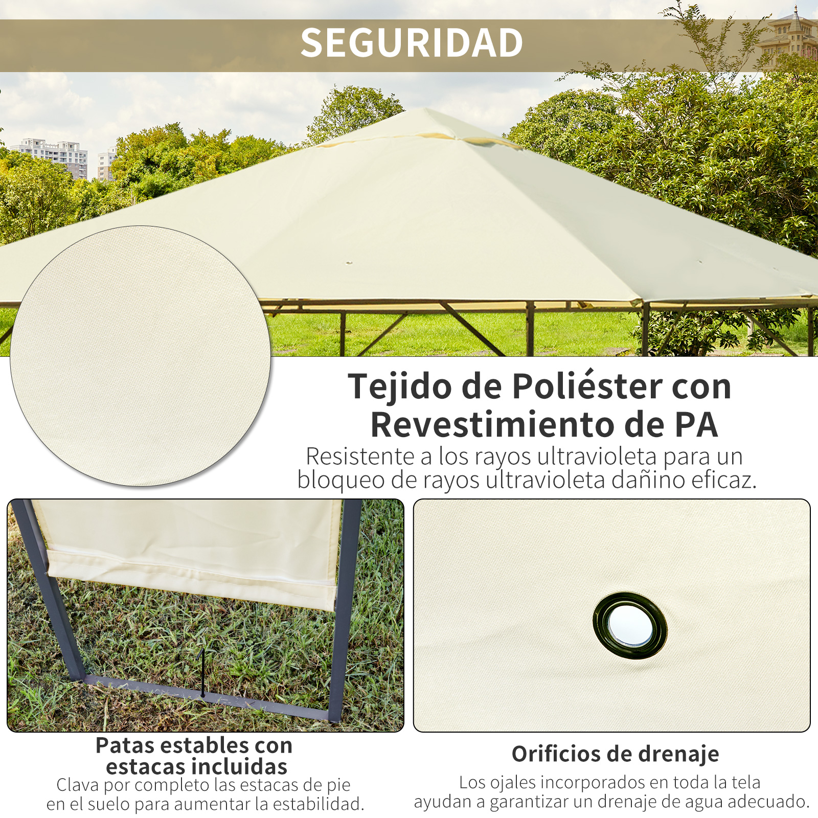 Carpa beige con tejido de poliéster, estacas estables y orificios de drenaje para uso exterior.