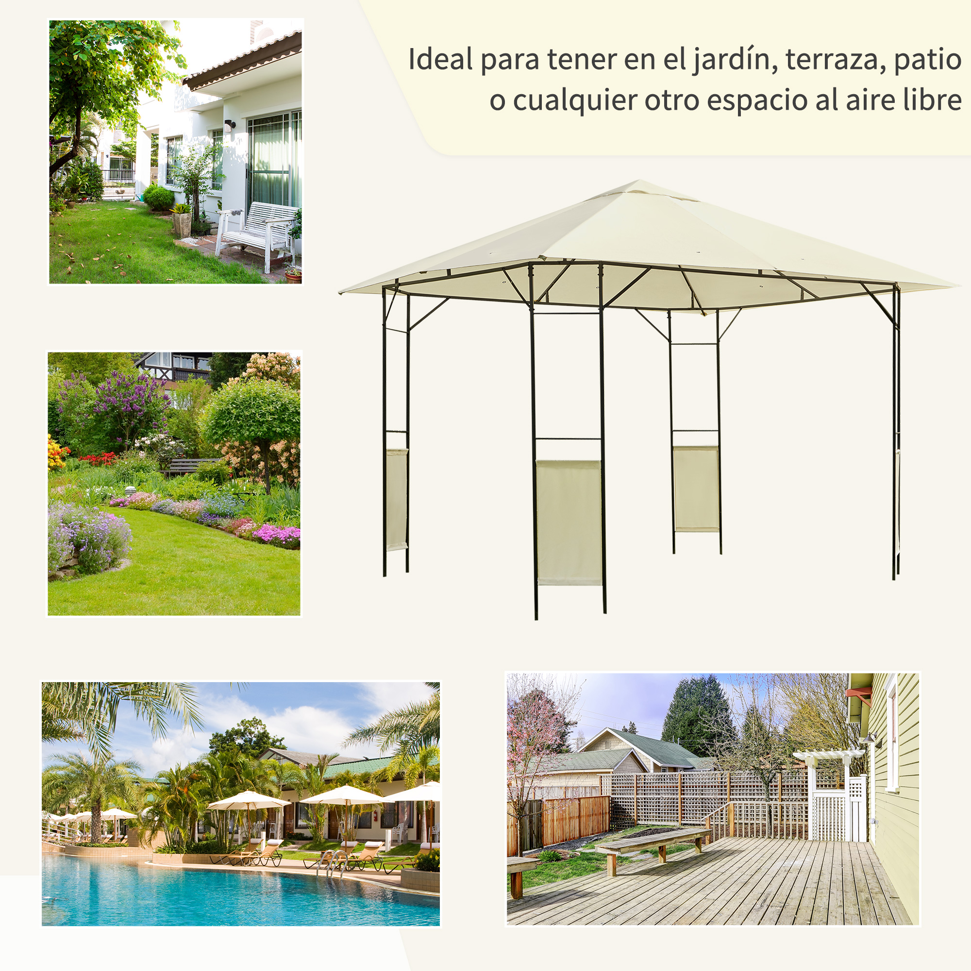 Gazebo beige con estructura de metal negro, mostrado junto a varias escenas al aire libre.