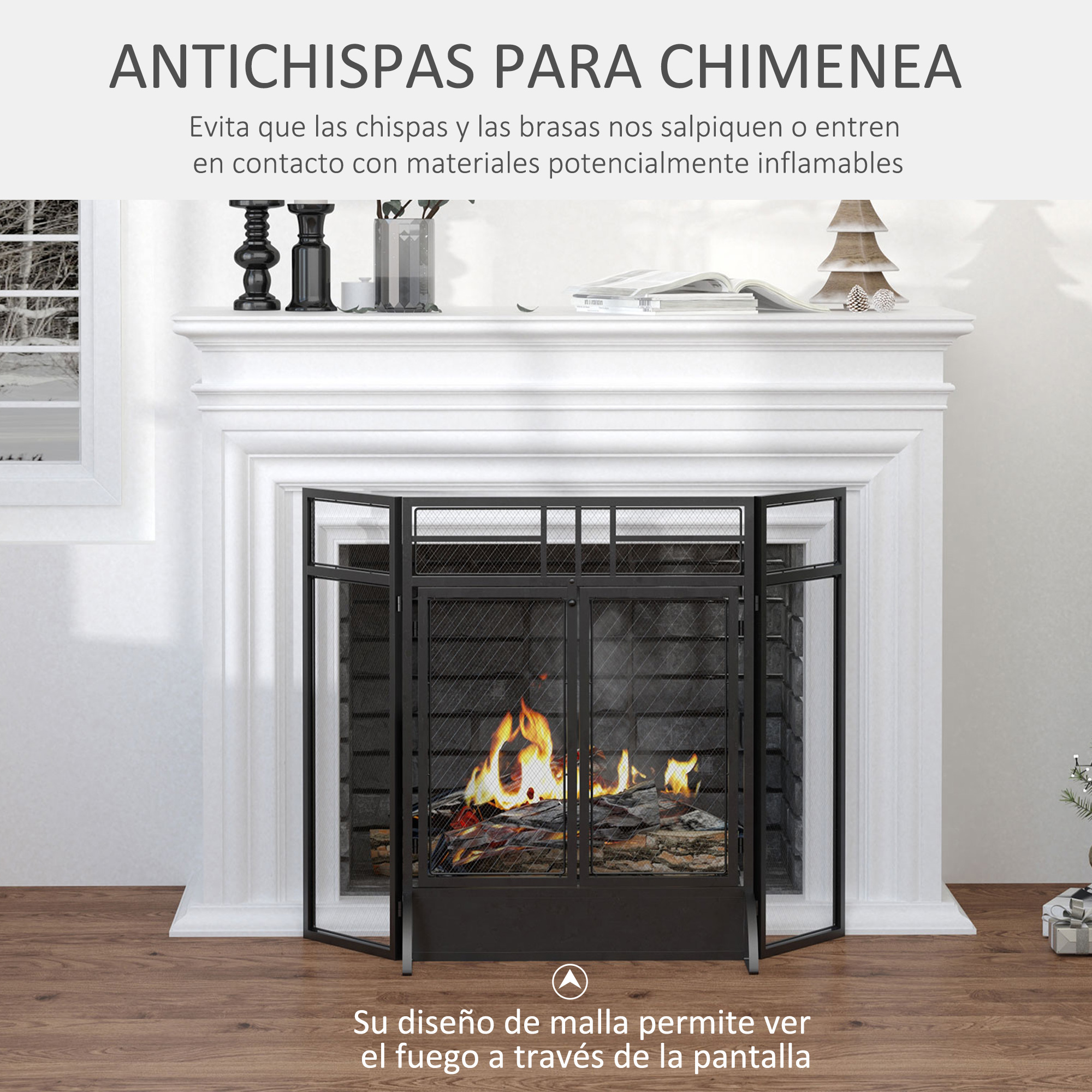Una chimenea blanca con una pantalla de malla de metal negro delante, mostrando un fuego cálido.