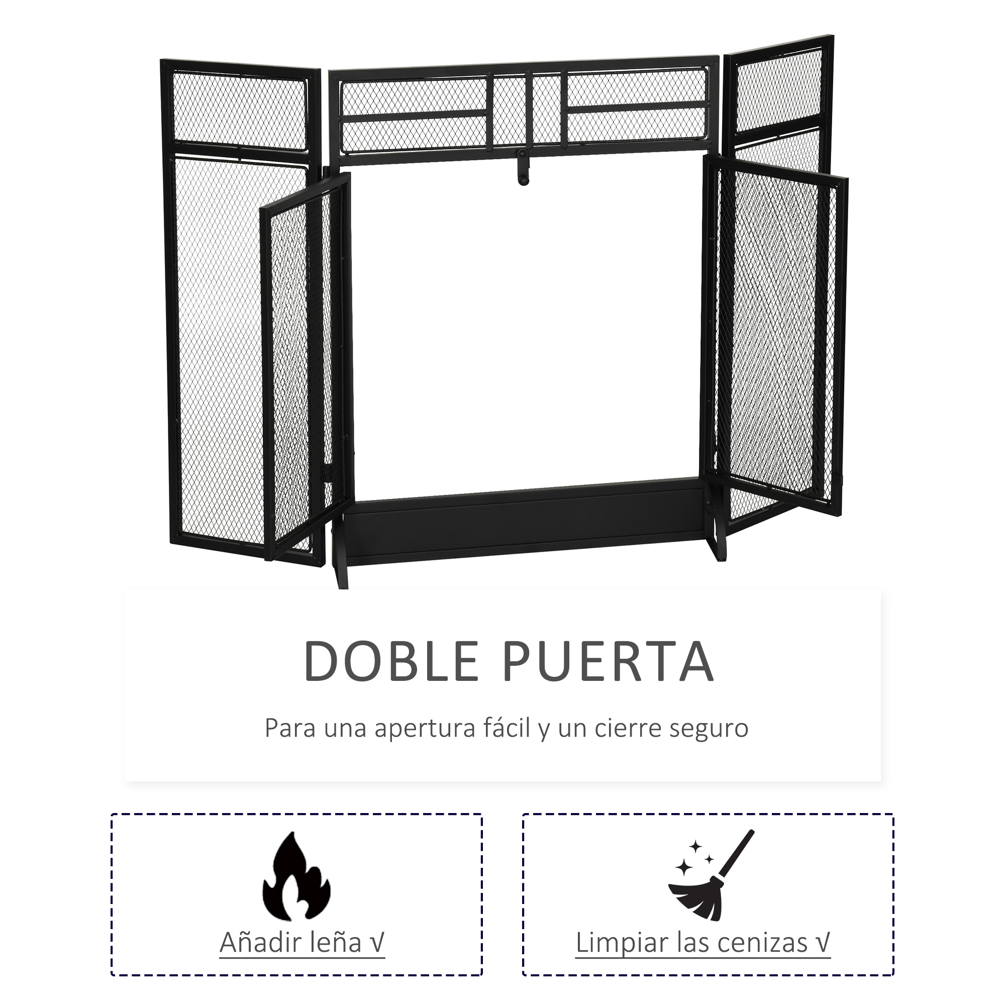 Pantalla de chimenea negra con puertas dobles y paneles de malla.