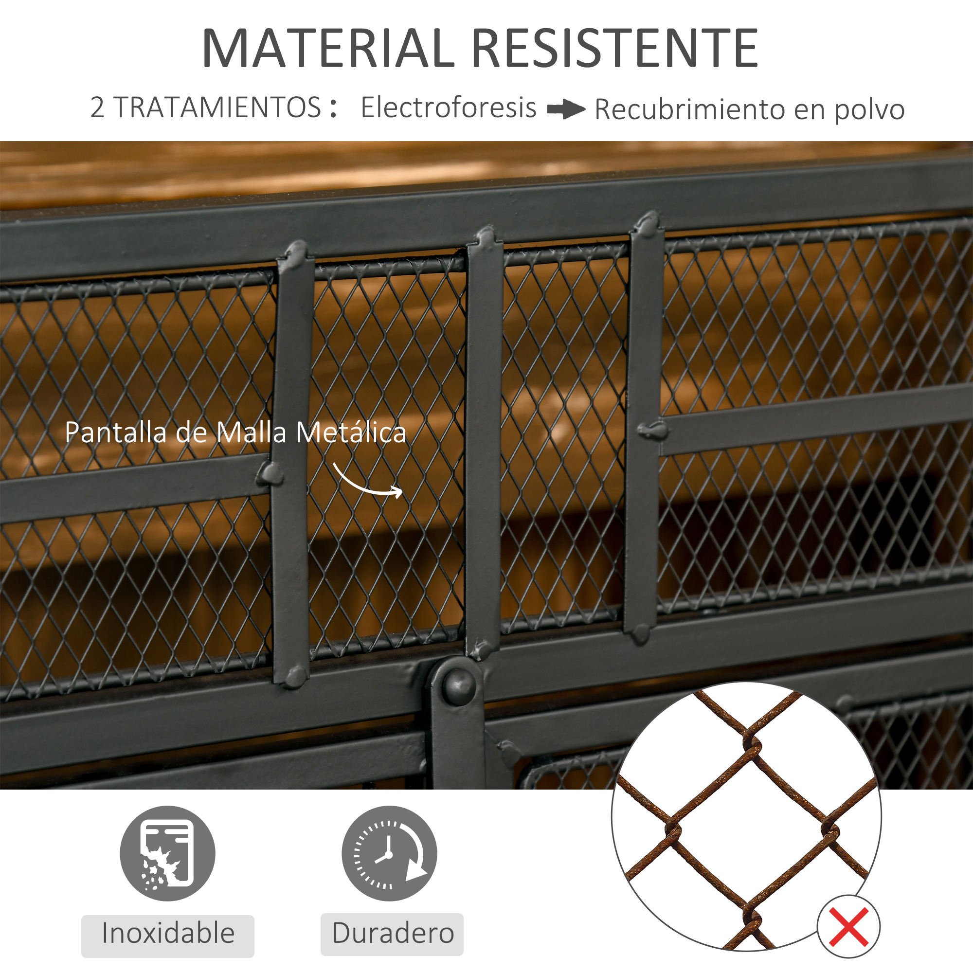 Primer plano de malla metálica oscura en muebles, con tratamientos de electroforesis y pintura en polvo.