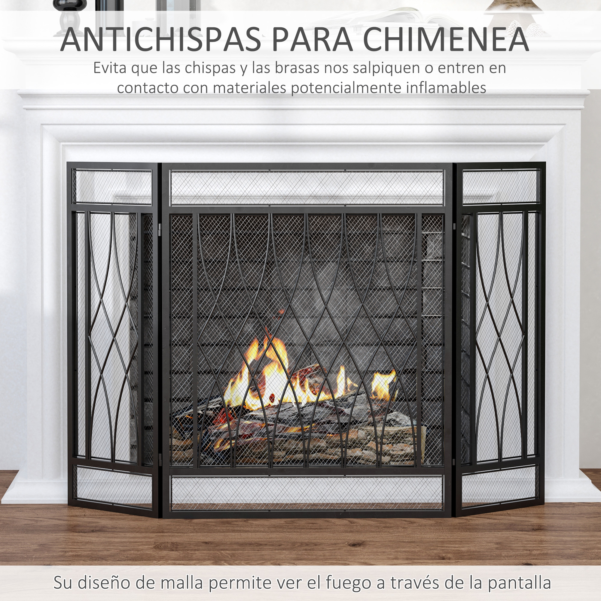 Pantalla de chimenea negra de tres paneles frente a una repisa blanca con fuego de leña.