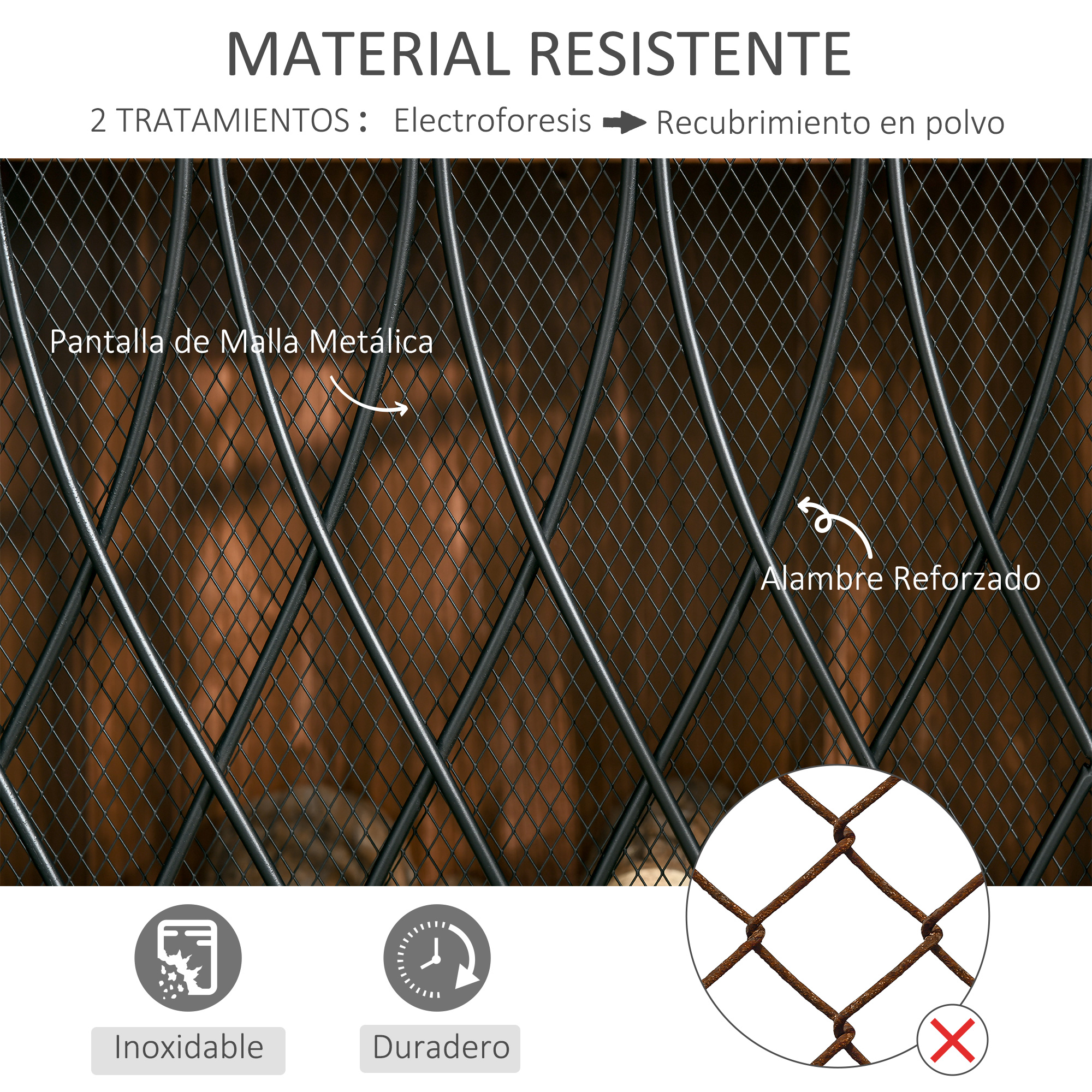 Fuerte pantalla de malla metálica negra con alambre reforzado y texto.