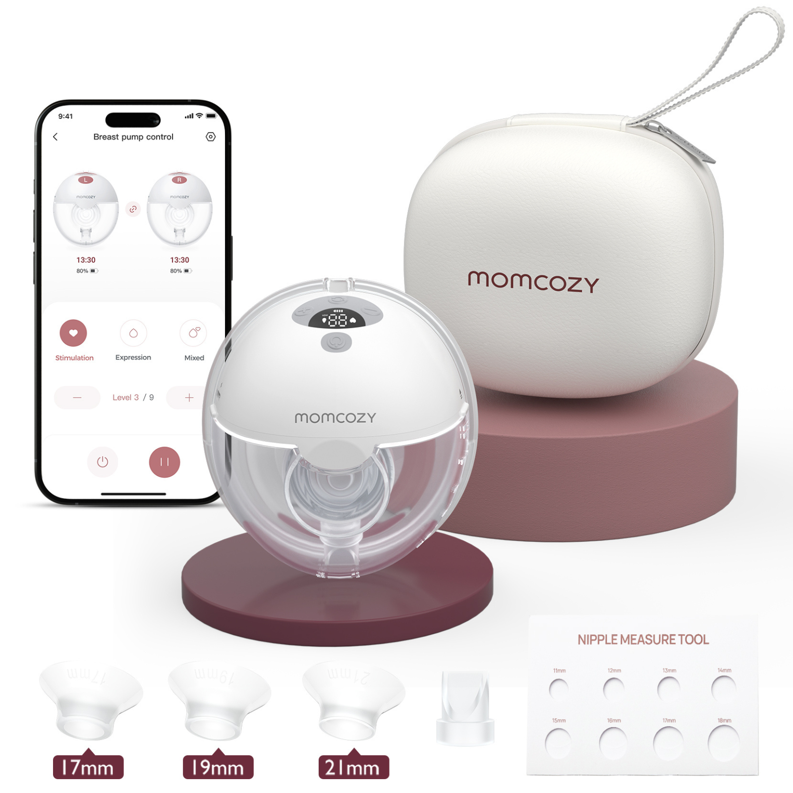 Tiralatte indossabile Momcozy con app, custodia, riduttori e righello di misurazione su sfondo bianco.