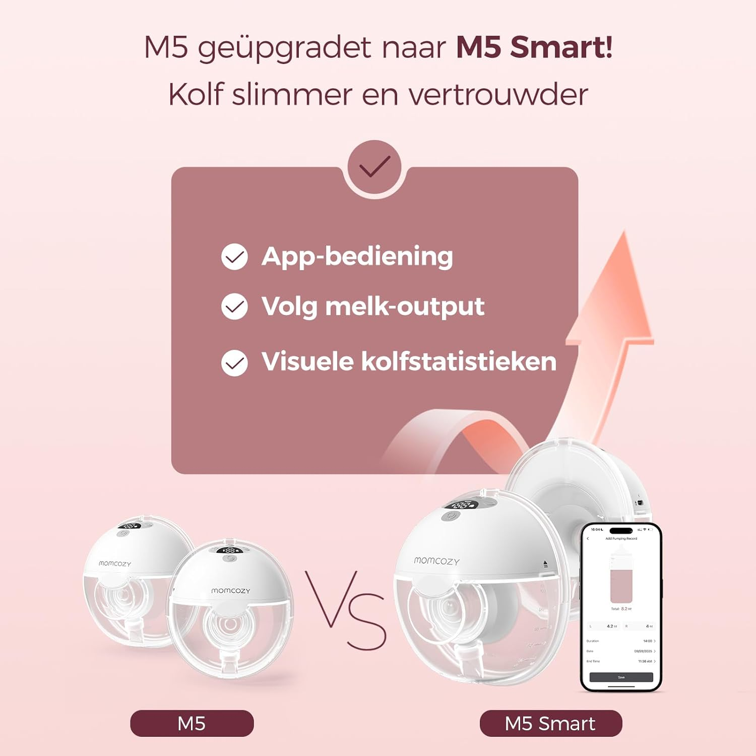 Confronto tra tiralatte M5 e M5 Smart con controllo app su sfondo rosa.