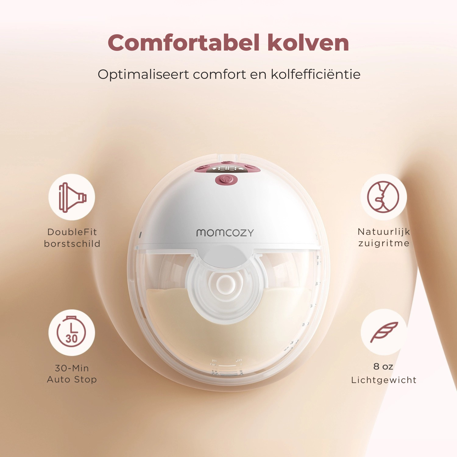 Un tiralatte bianco Momcozy indossato sul seno, circondato da icone esplicative.