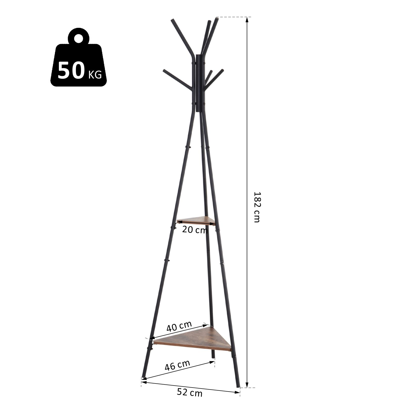 Perchero de metal negro con baldas de madera, 182 cm de alto y medidas indicadas.