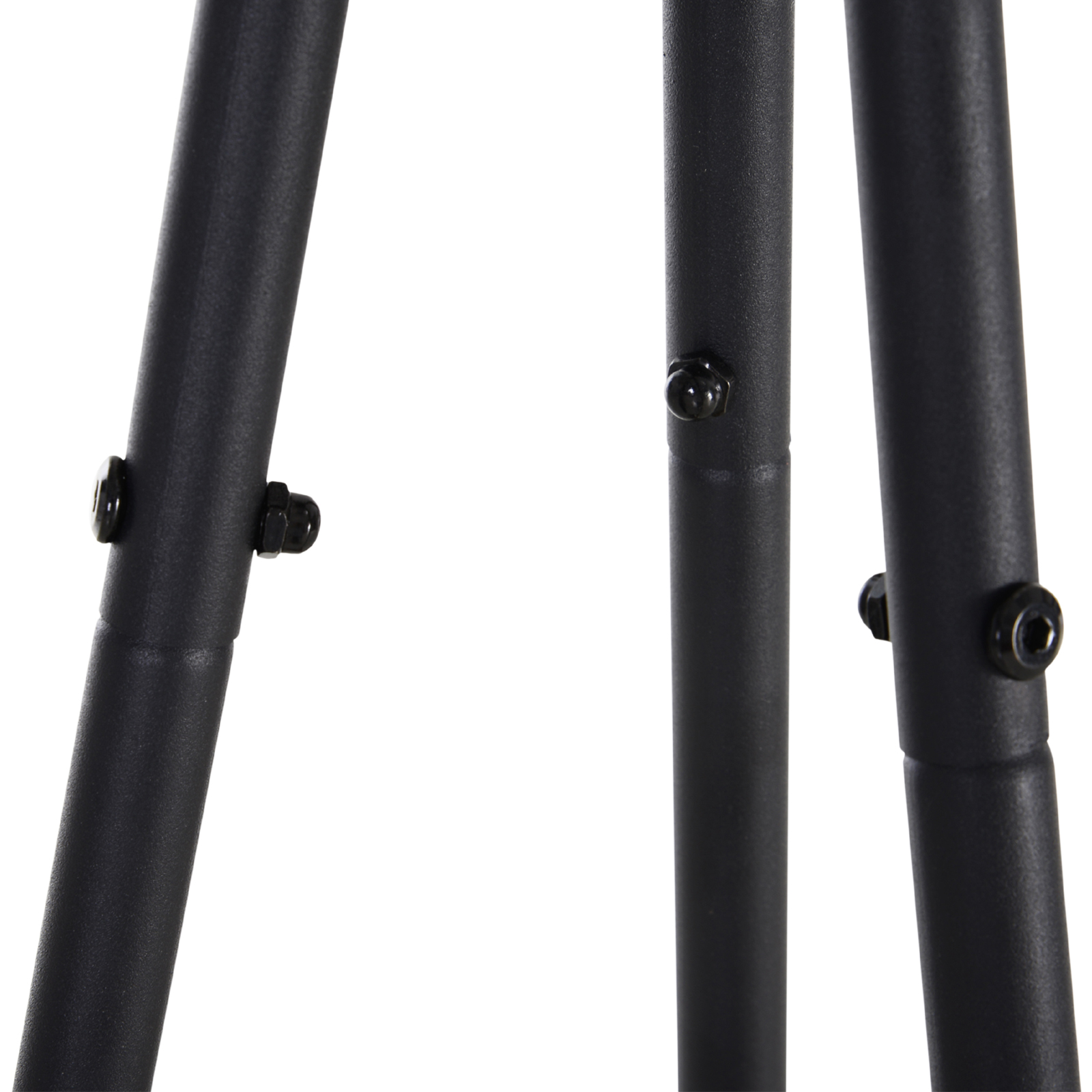 Tres patas de metal negro con tornillos sobre fondo blanco.
