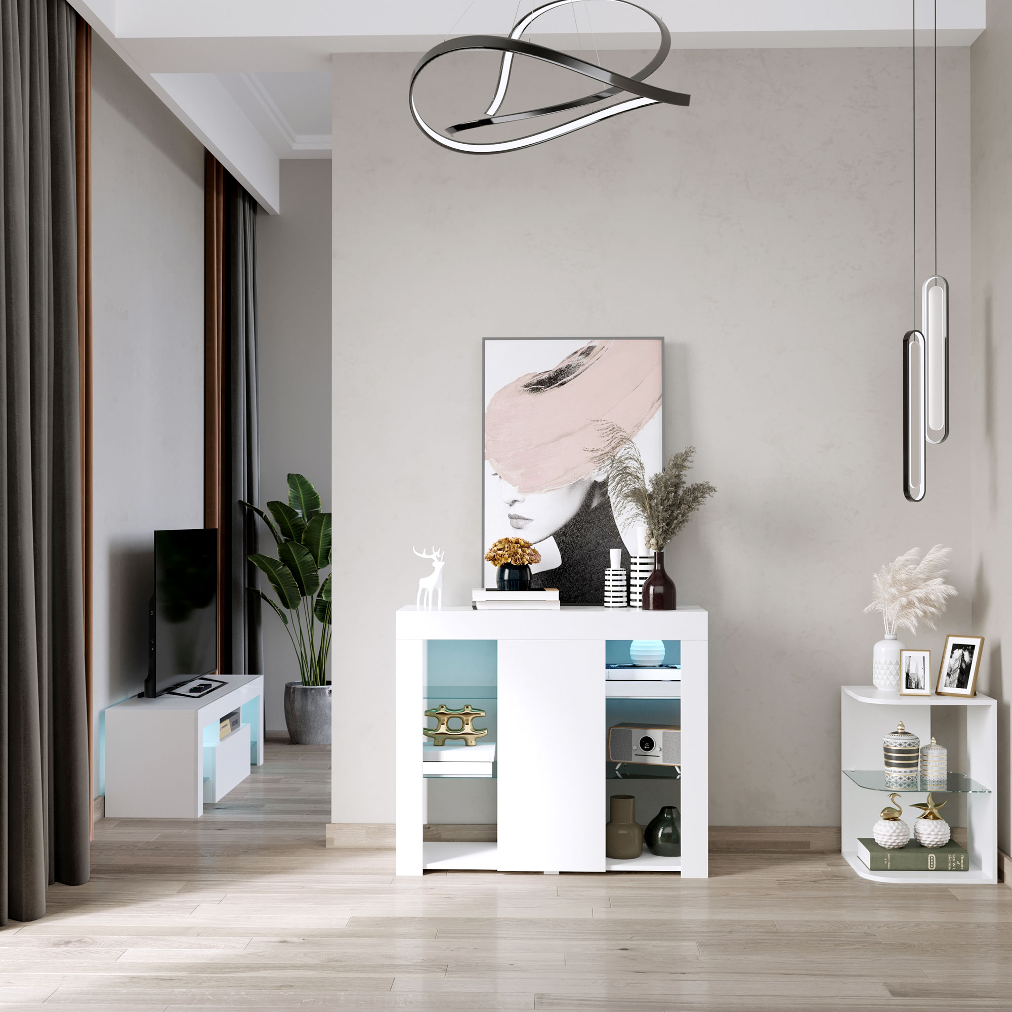 Una sala de estar moderna con muebles blancos, arte abstracto en la pared y lámparas colgantes.
