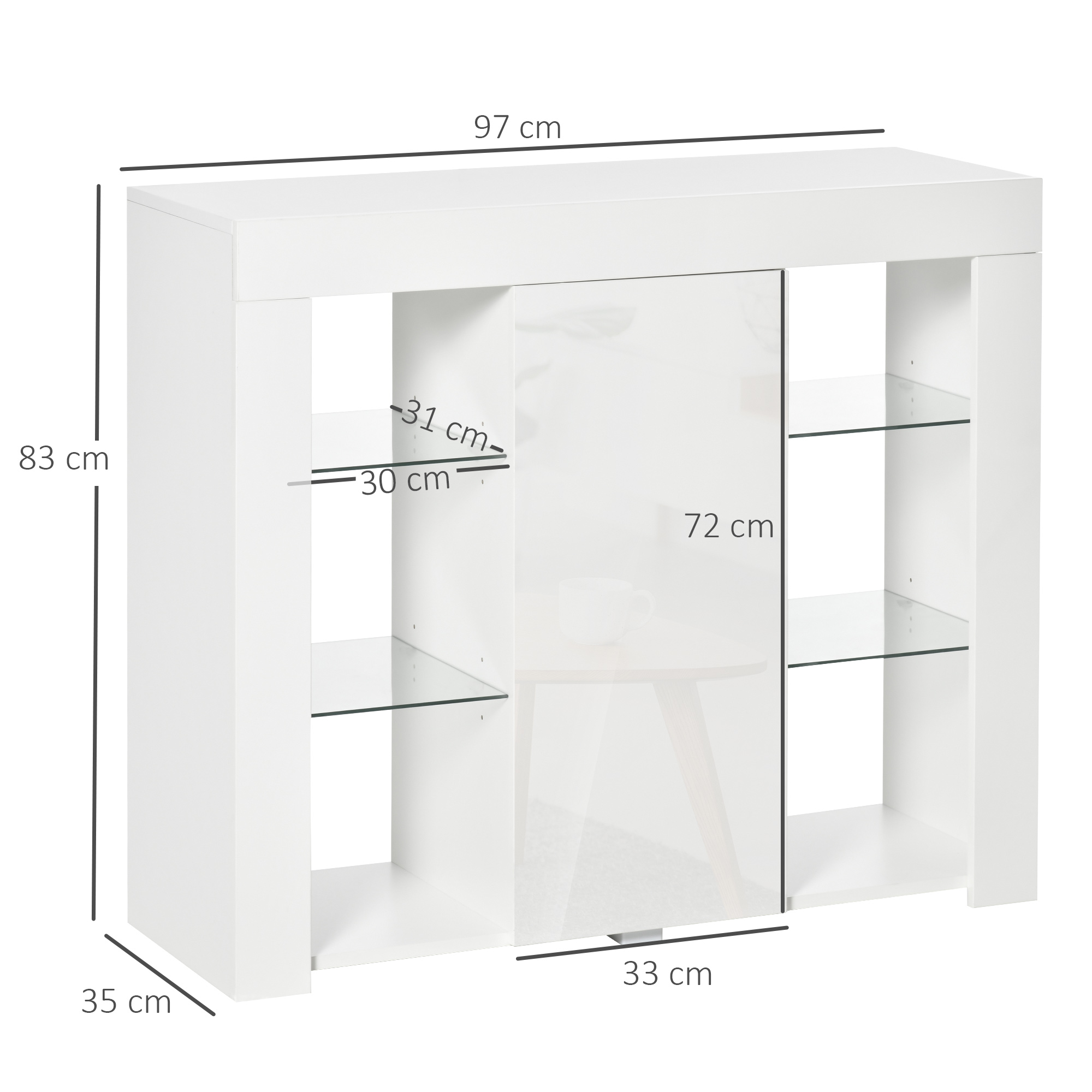 Aparador blanco con dimensiones, puertas de cristal y estantes abiertos.