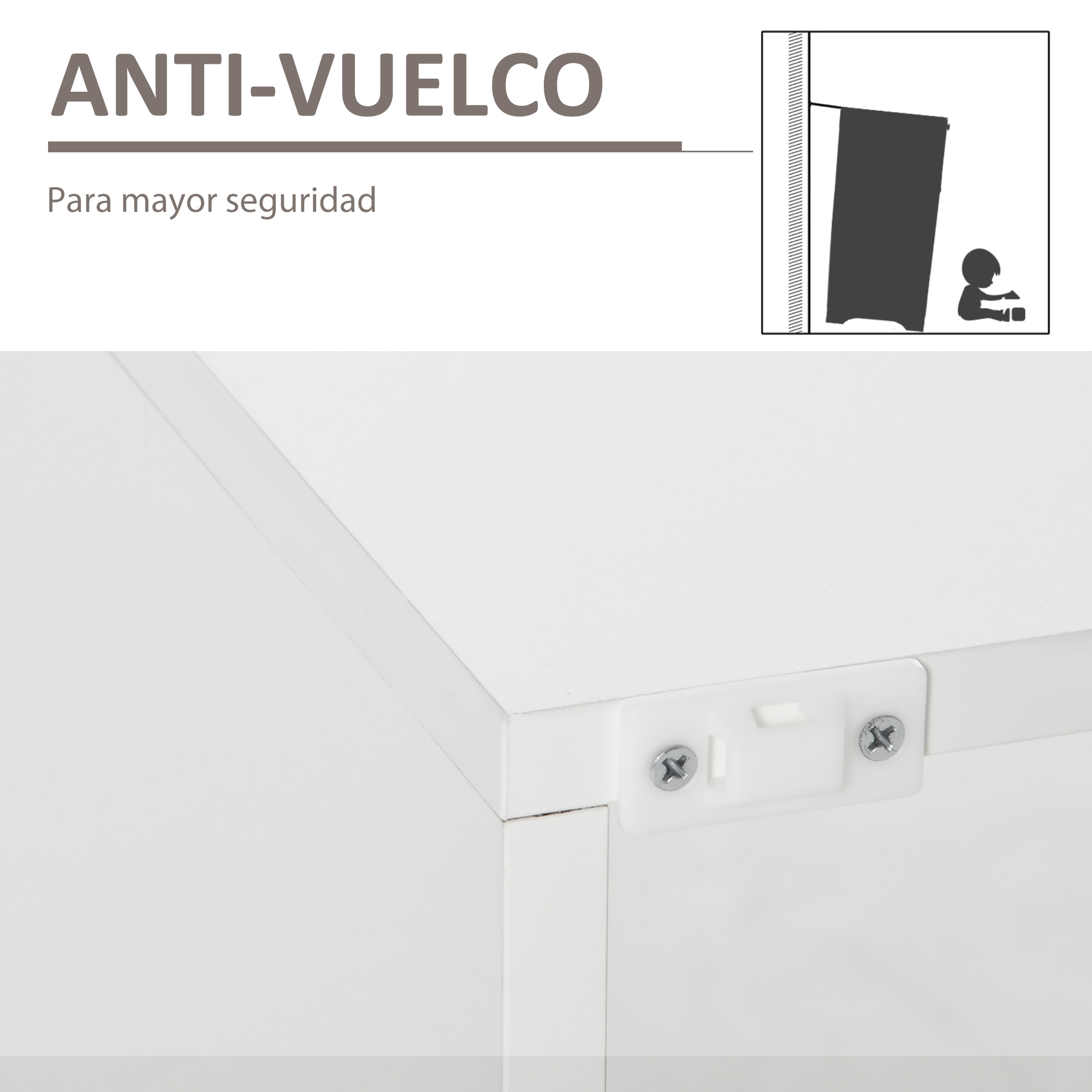 Soporte de fijación a pared en un mueble blanco con aviso antivuelco.
