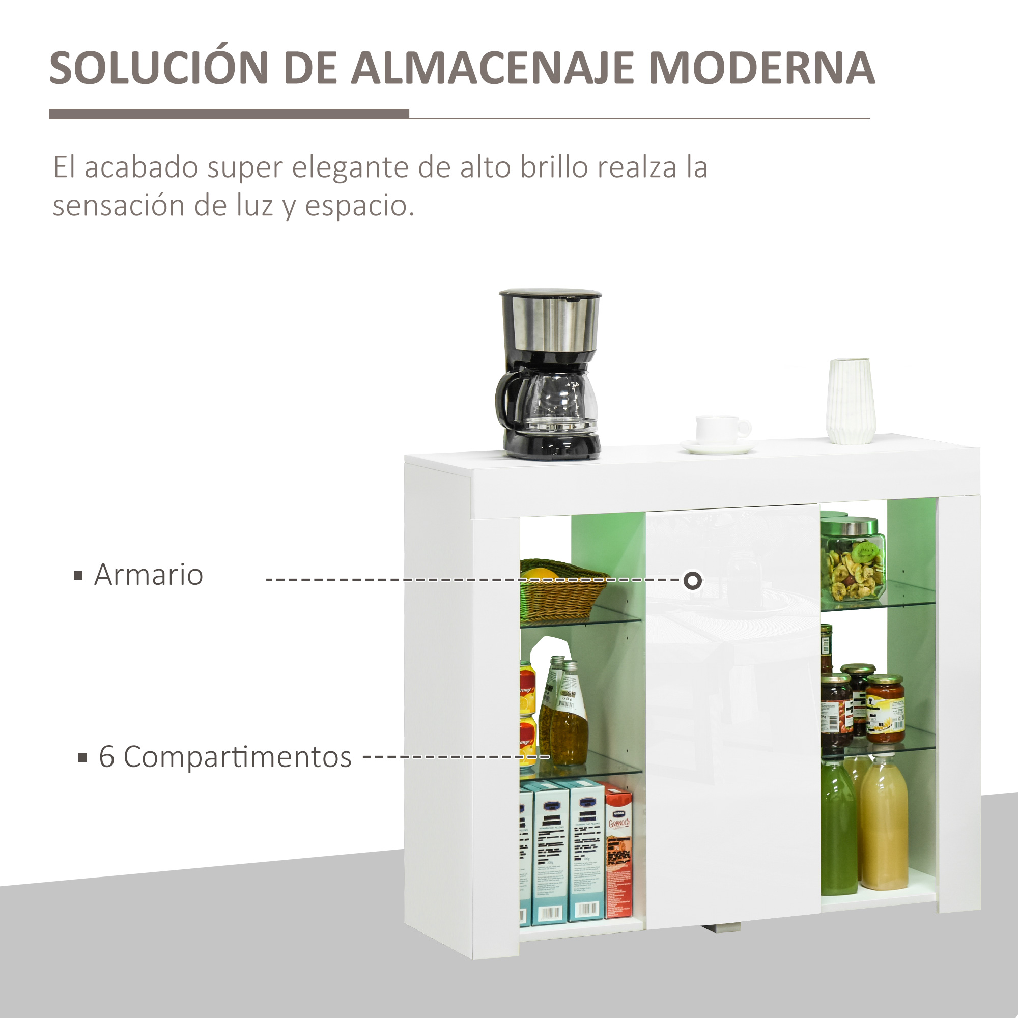 Moderno armario blanco con seis compartimentos de cristal y luz LED, ideal para cocina.