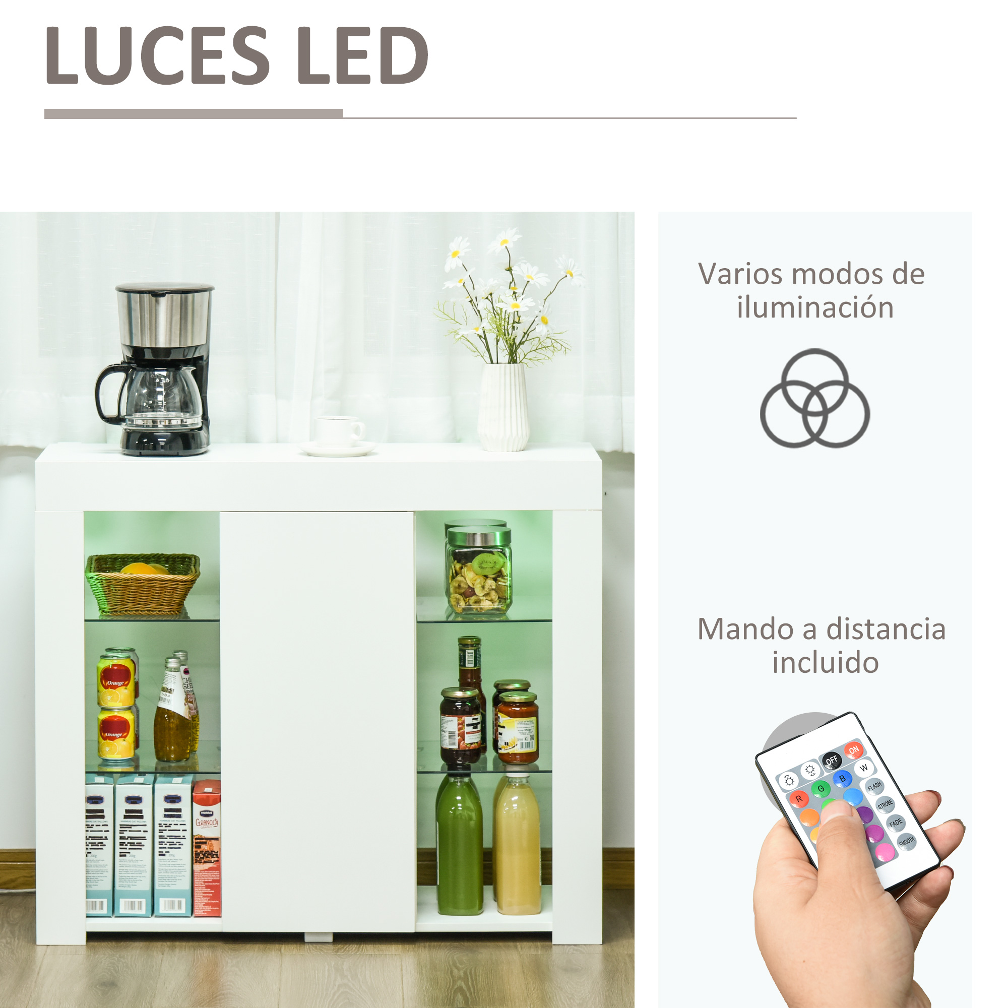 Aparador blanco con luces LED, estantes de cristal, cafetera arriba y un mando a distancia en una mano.
