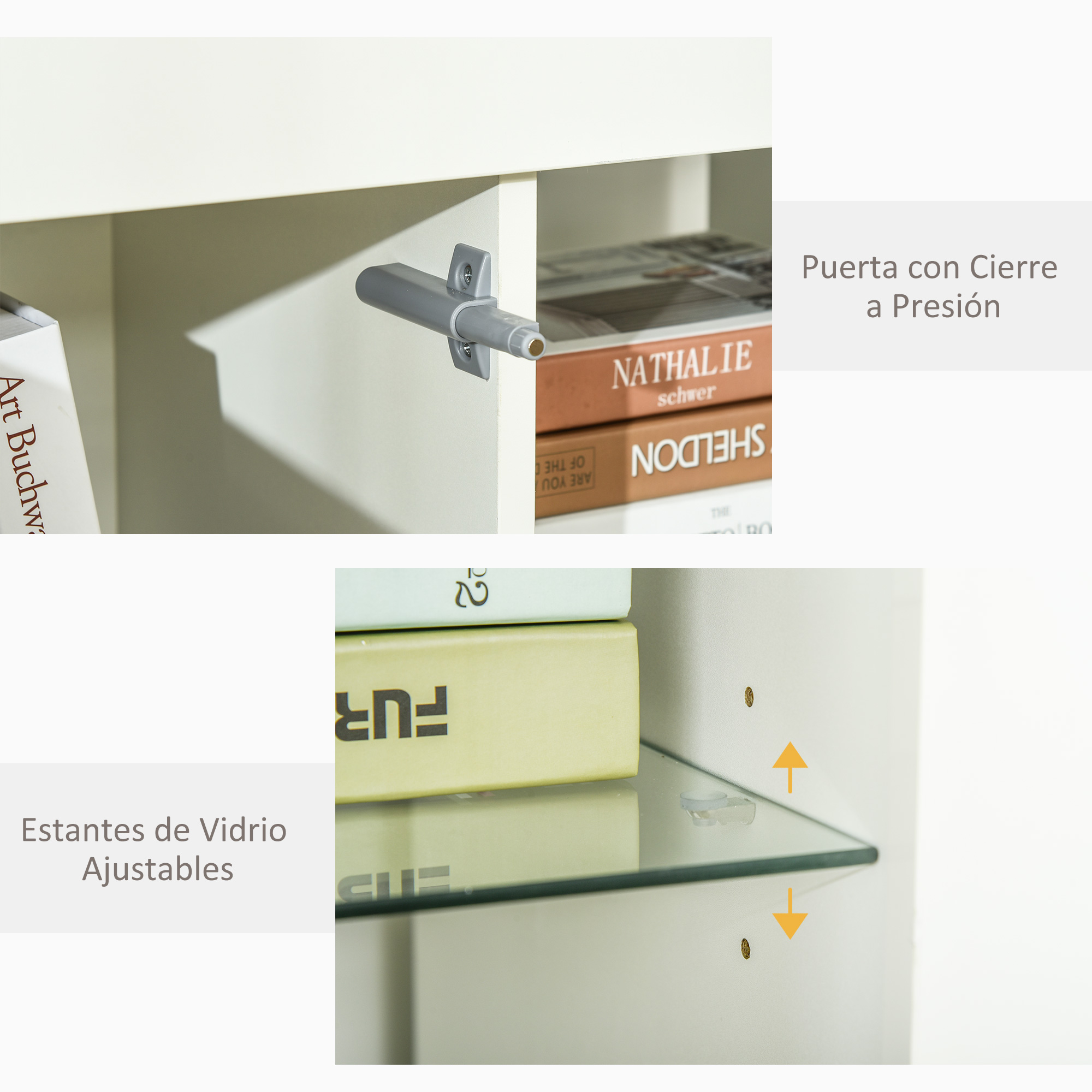 Dos imágenes muestran puerta con cierre a presión y estantes de vidrio ajustables.