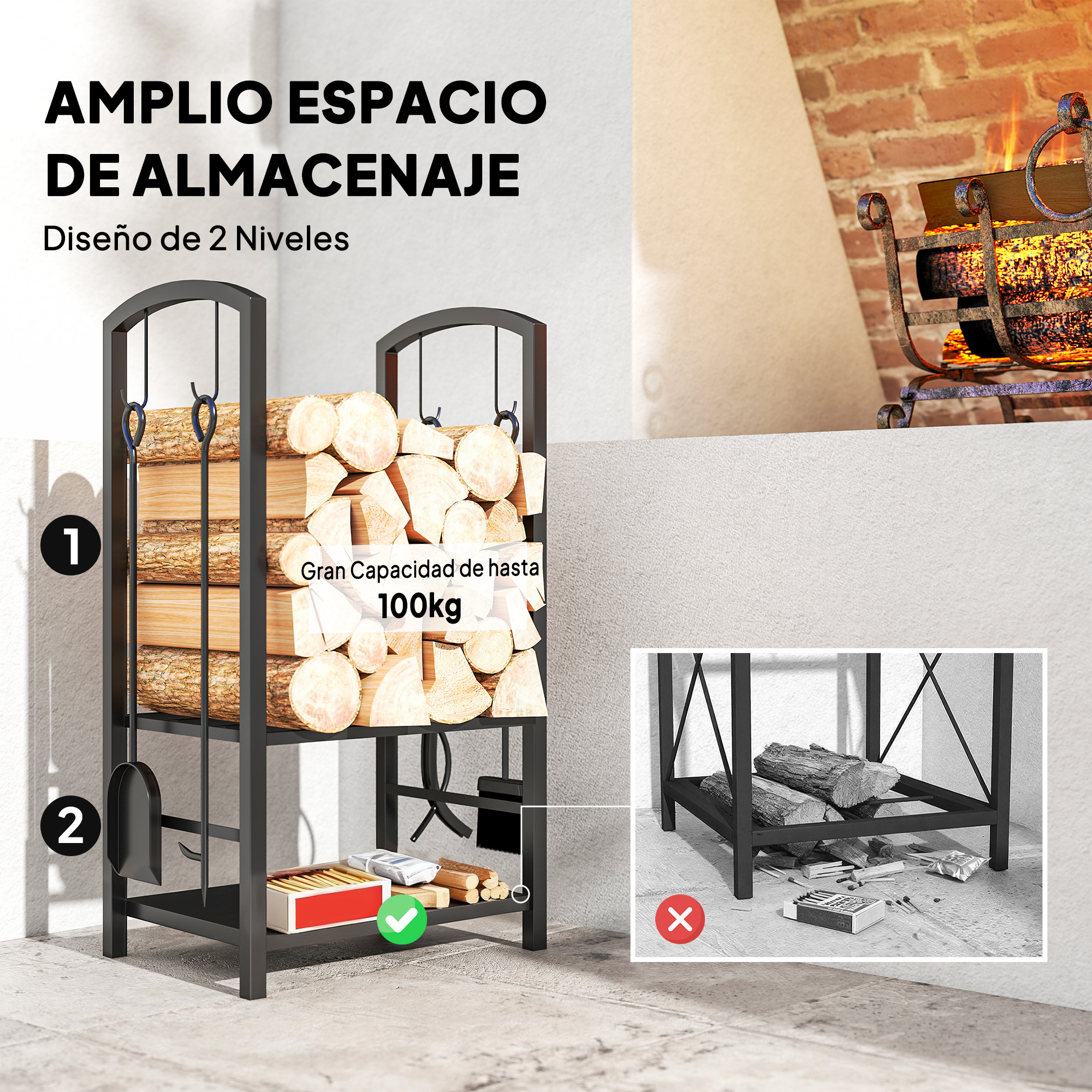 Leñero negro de dos niveles con troncos y accesorios, junto a una chimenea y una imagen comparativa.
