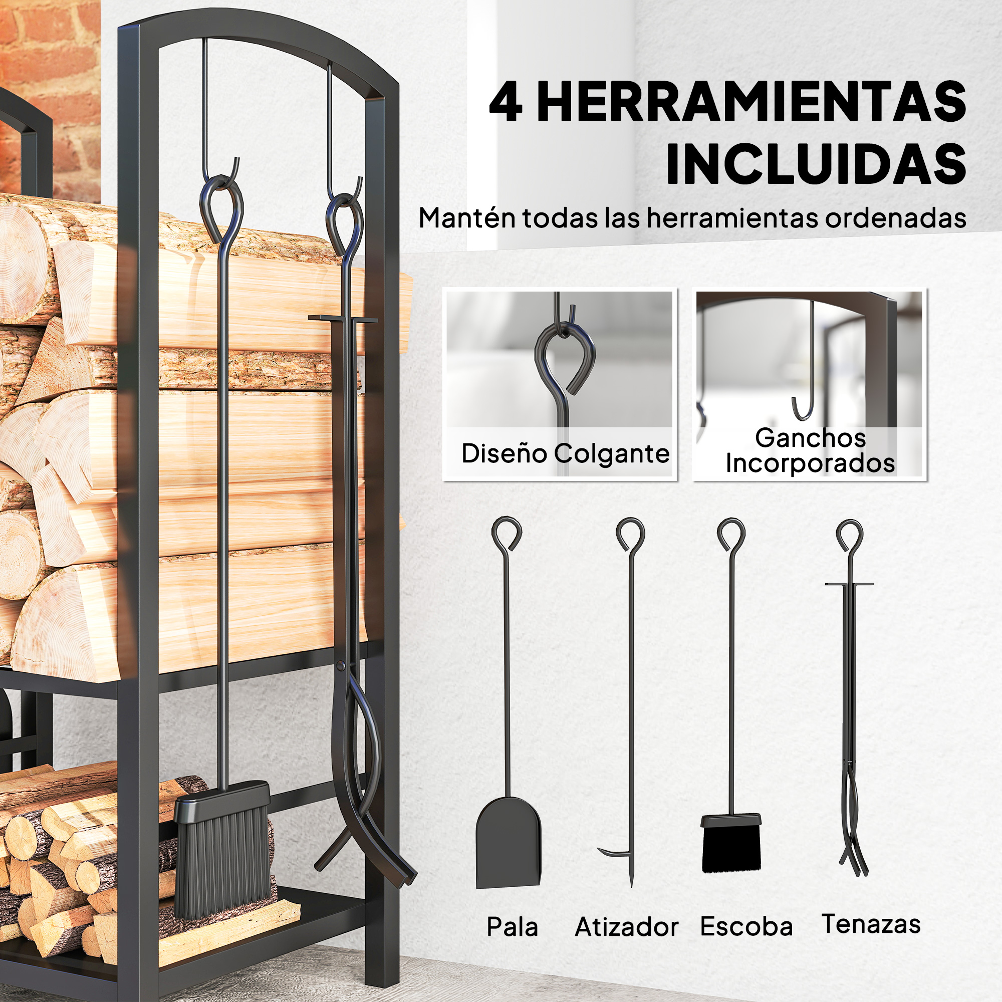 Leñero negro con cuatro herramientas: pala, atizador, escoba y tenazas.