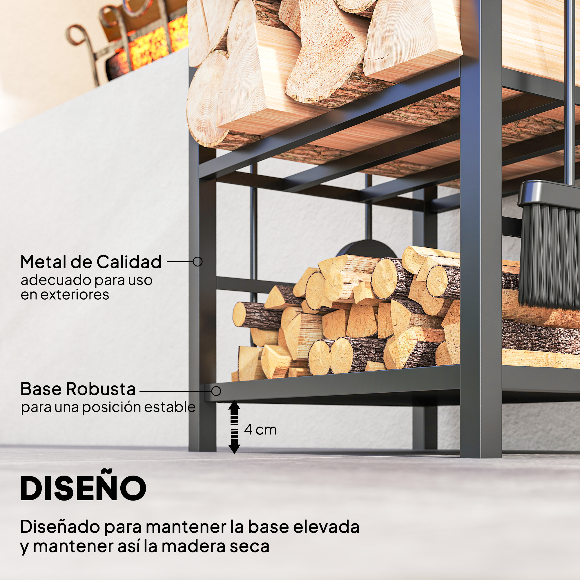 Leñero de metal negro con troncos, elevado 4 cm del suelo.