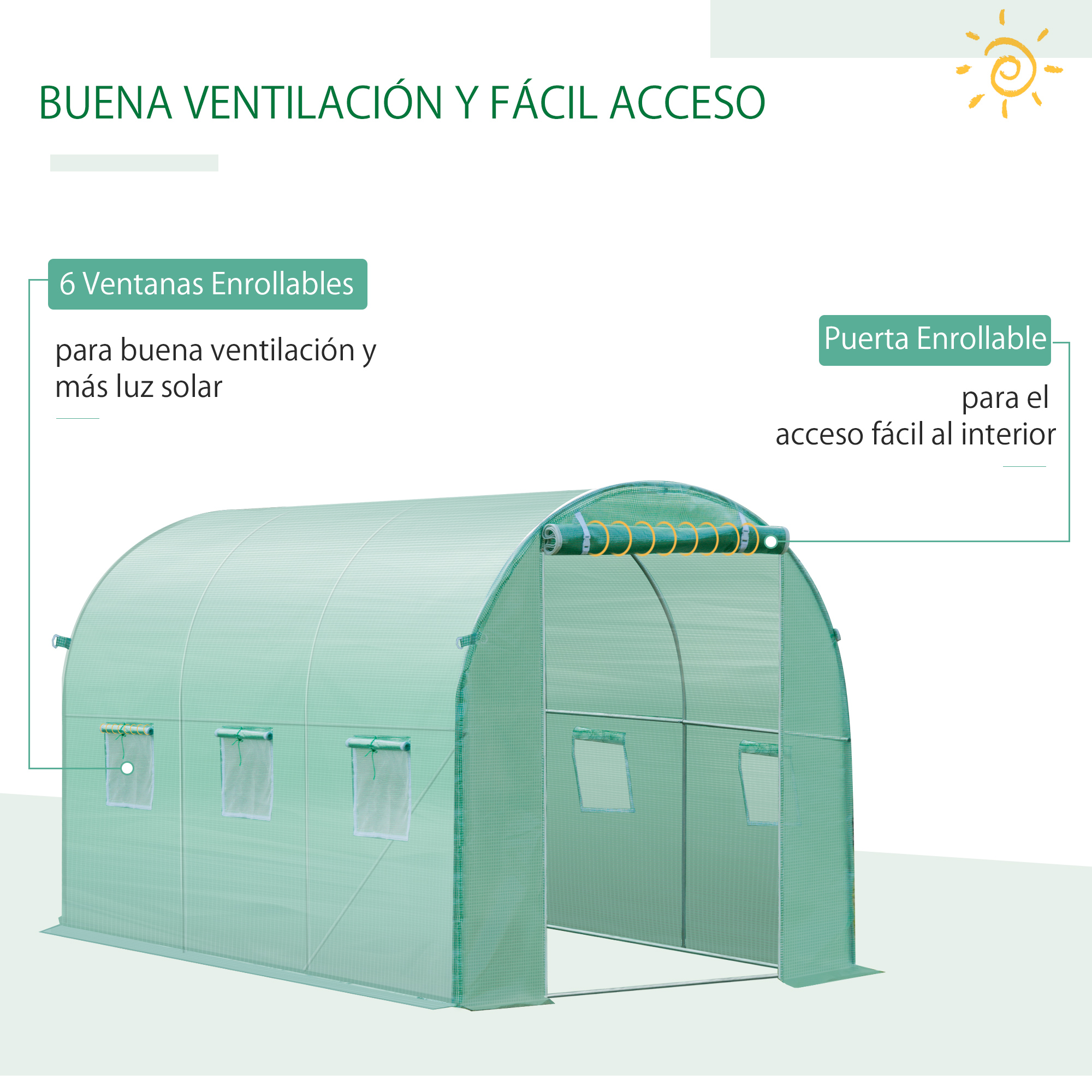 Un invernadero arqueado verde con ventanas enrollables y una puerta abierta sobre fondo blanco.