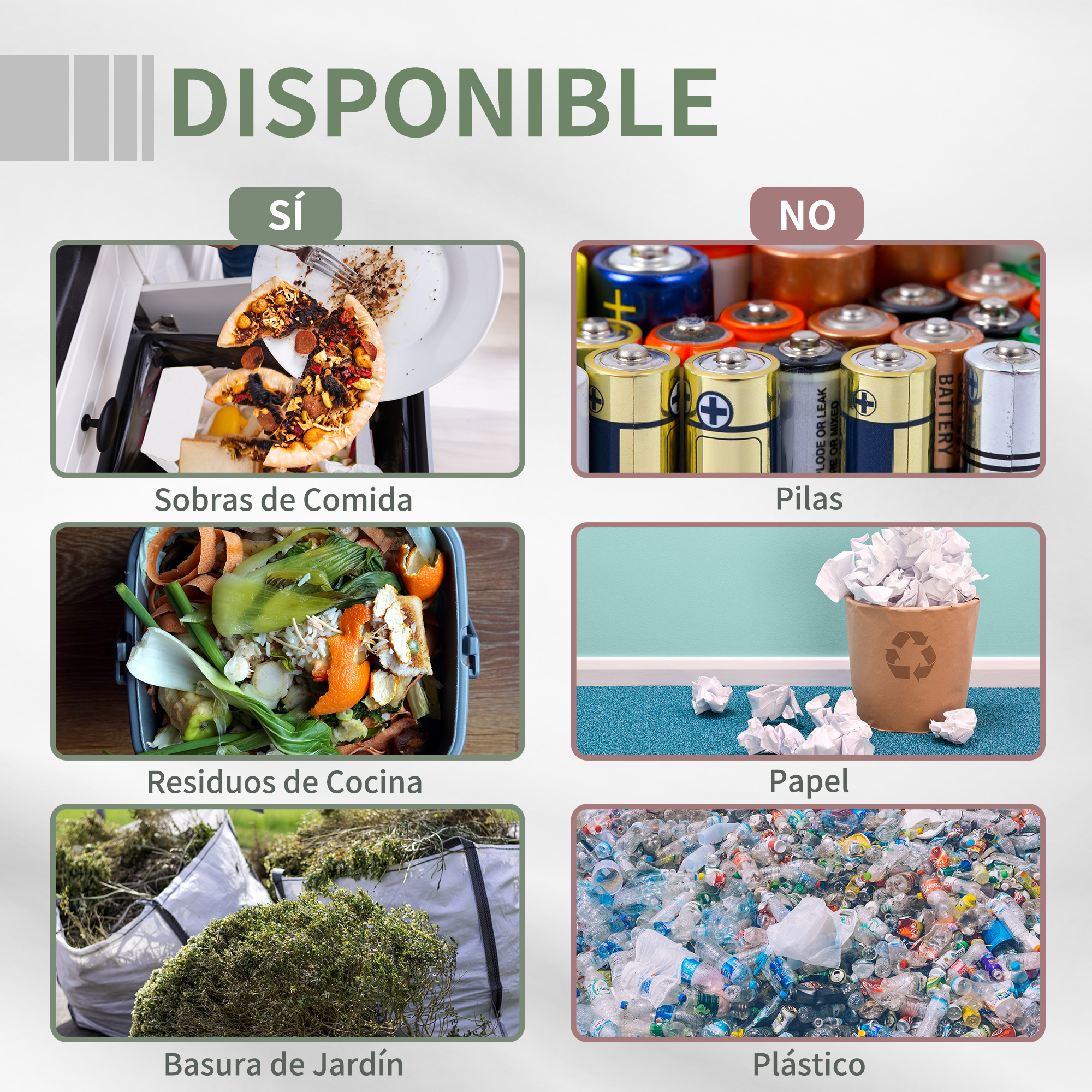 Infografía que muestra tipos de residuos aceptados y prohibidos, incluyendo comida, pilas, papel, jardín y plástico.