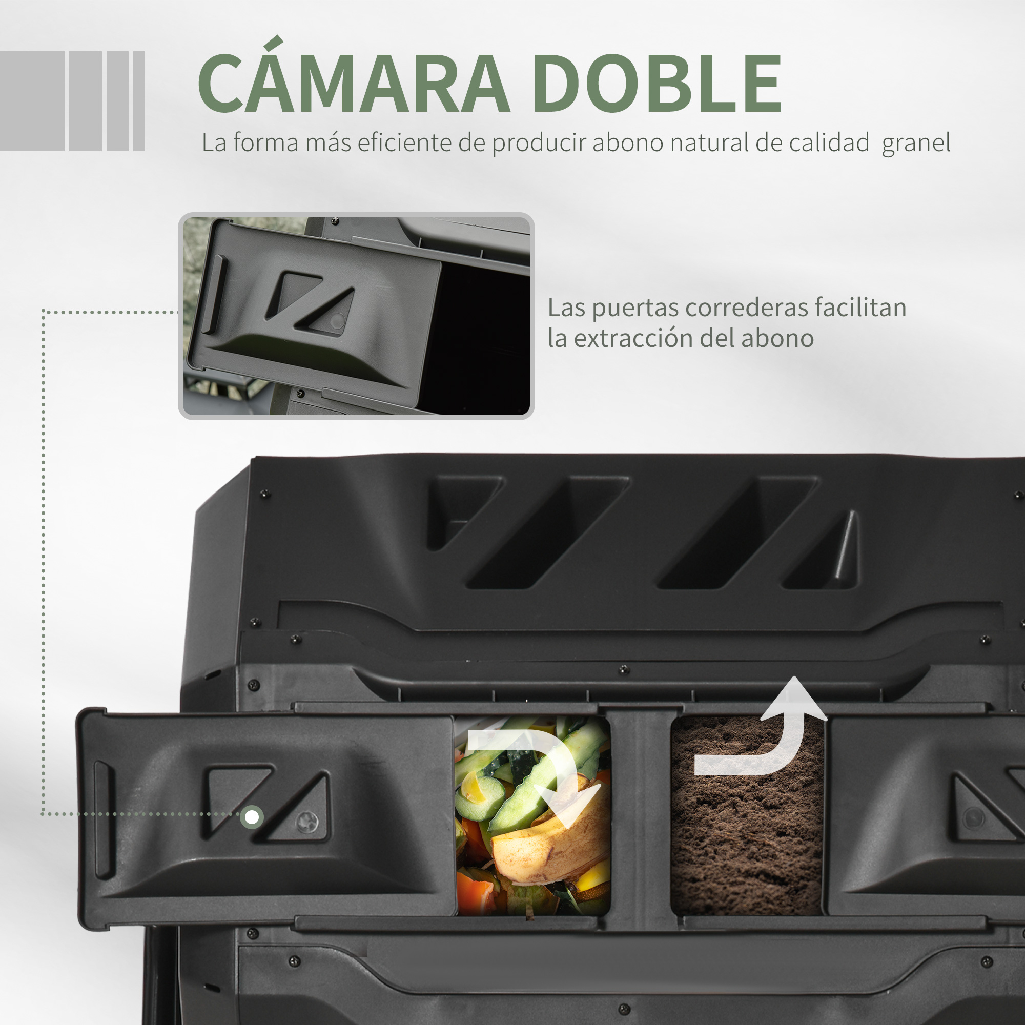 Un compostador negro de doble cámara con puertas correderas que muestra restos de comida y compost.