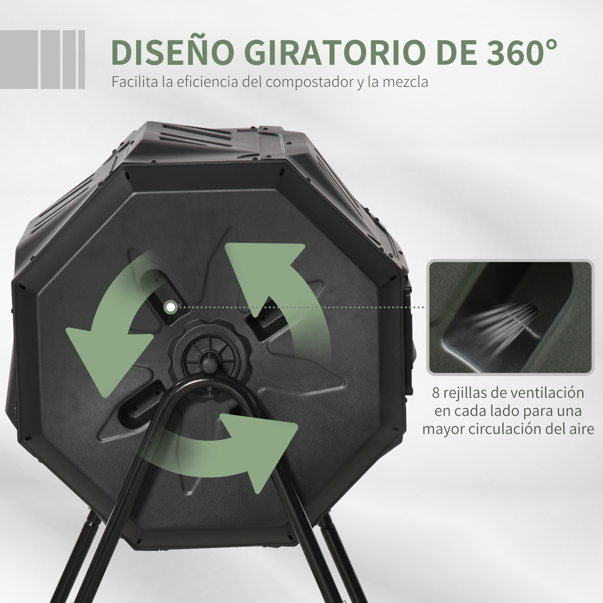 Compostador giratorio negro de 360 grados con flechas verdes y rejilla de ventilación sobre fondo blanco.