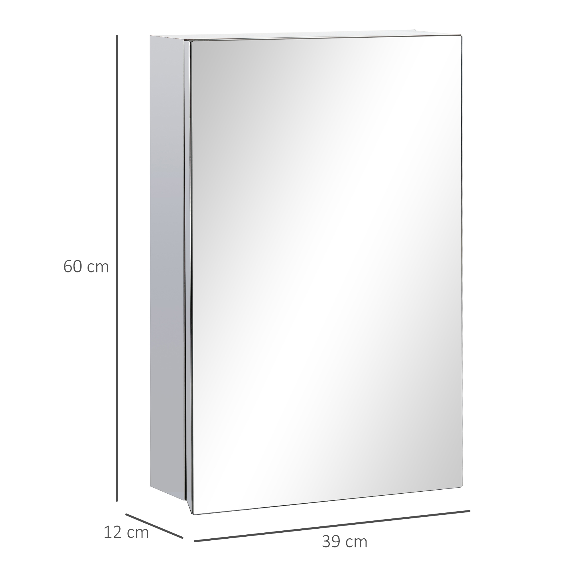 Un armario con espejo rectangular con dimensiones: 60 cm de alto, 39 cm de ancho y 12 cm de profundidad.