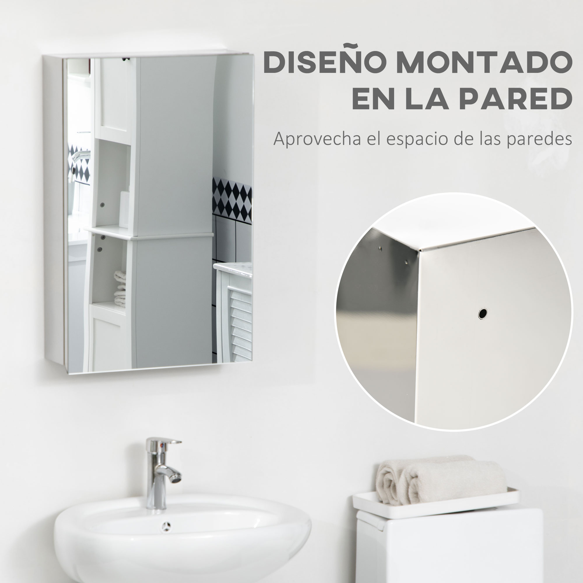 Un armario con espejo para baño montado en la pared sobre un lavabo, con detalle de montaje.