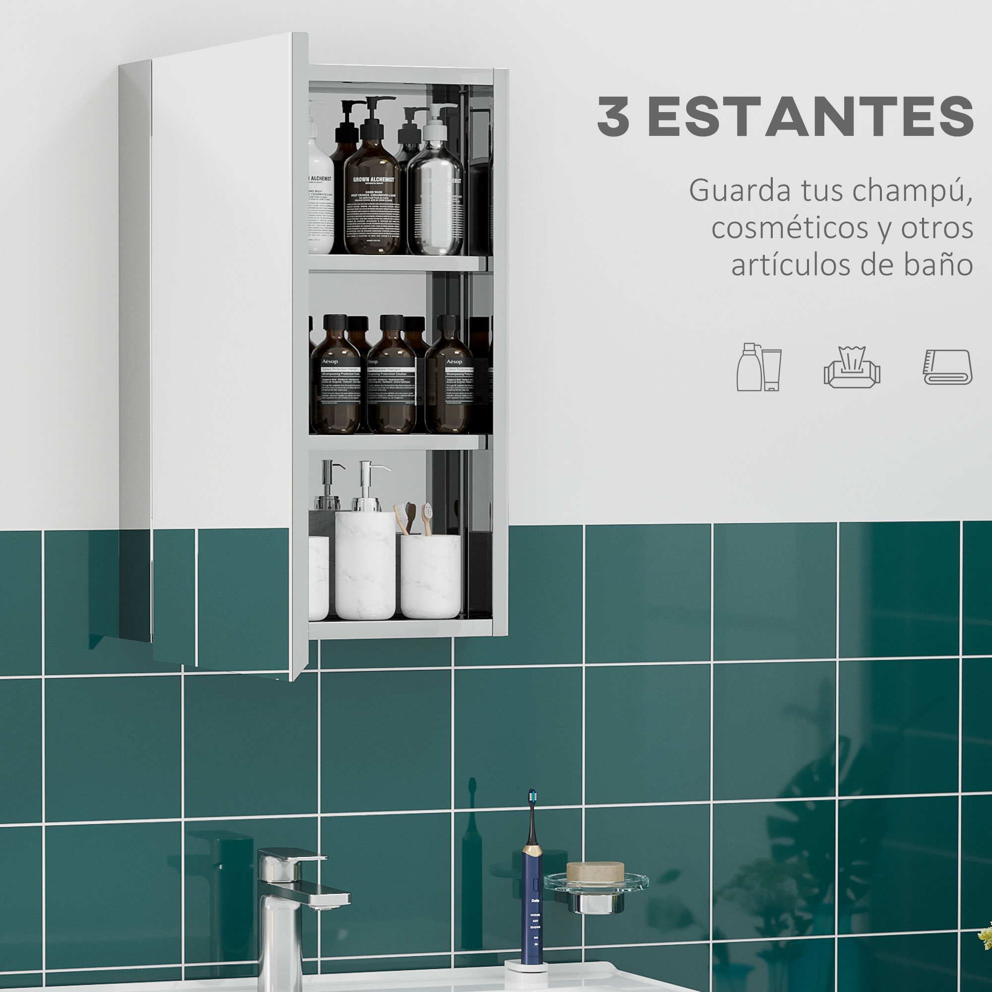 Armario de pared con tres estantes llenos de cosméticos sobre azulejos azules.