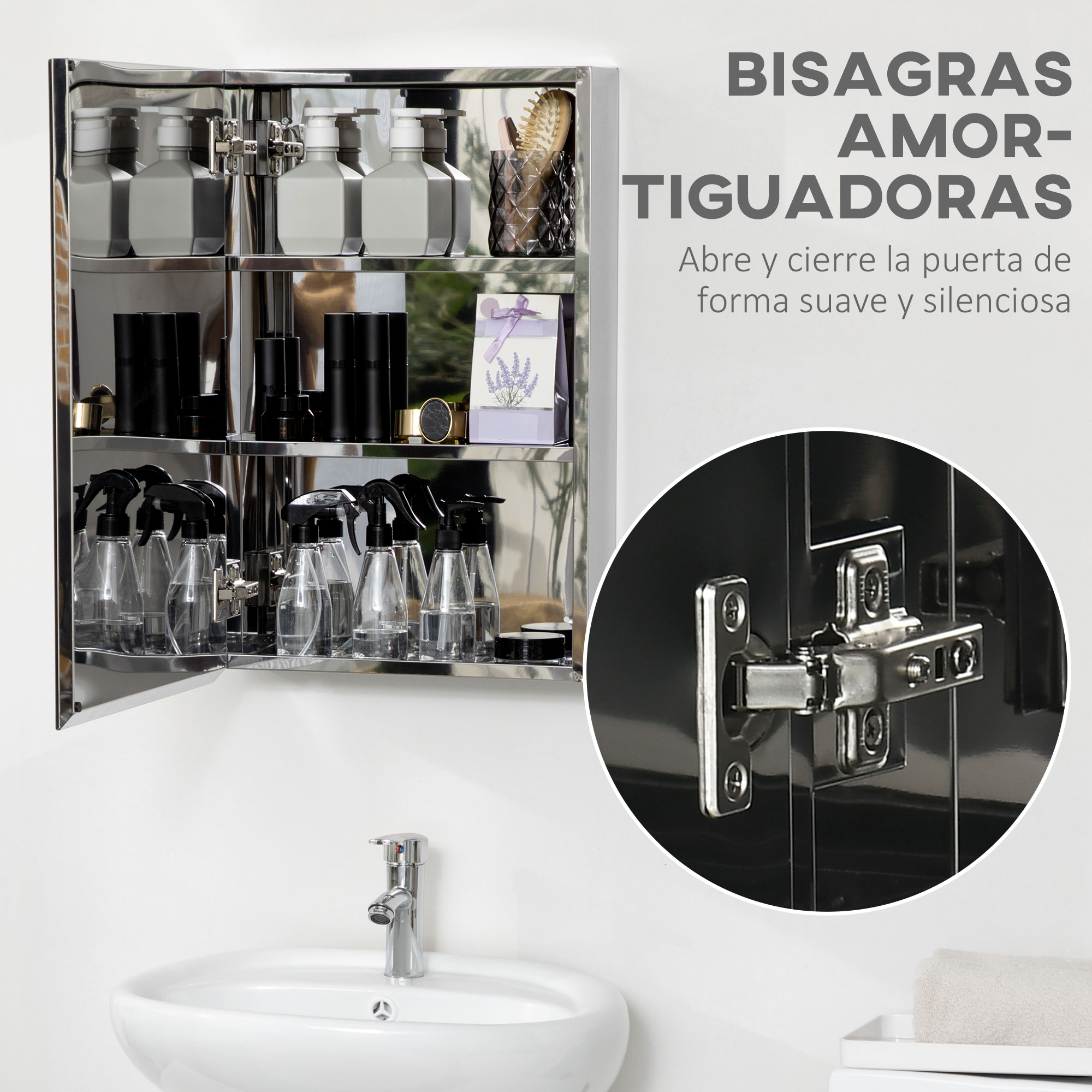 Armario de baño con espejo, artículos de aseo y detalle de bisagra sobre un lavabo.