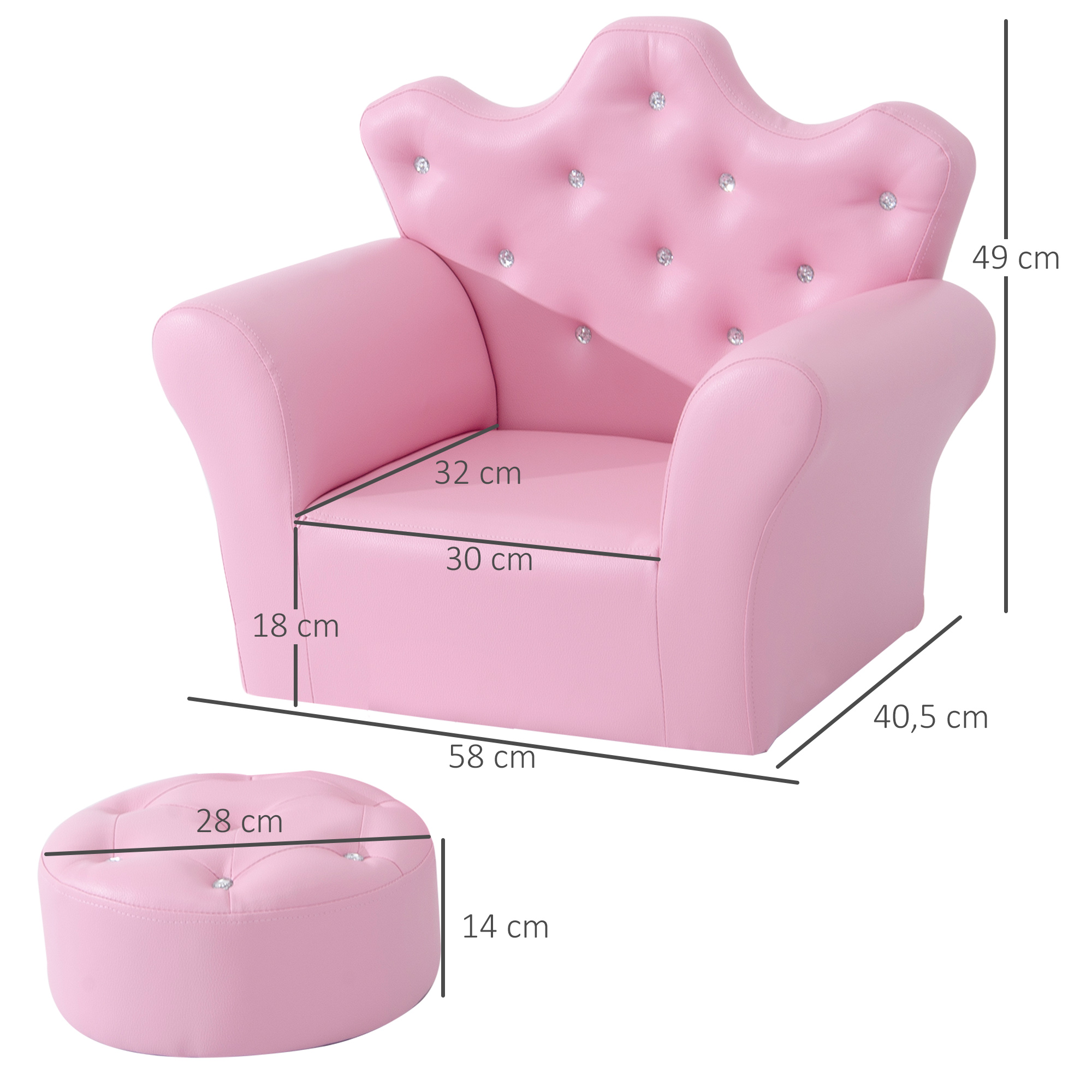 Sillón infantil rosa en forma de corona con taburete y dimensiones.