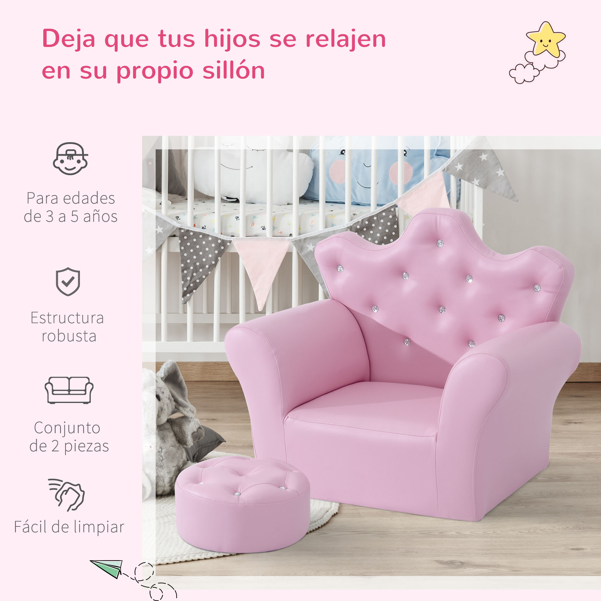 Un sillón infantil rosa y un taburete a juego, colocados en una habitación infantil con una cuna al fondo.