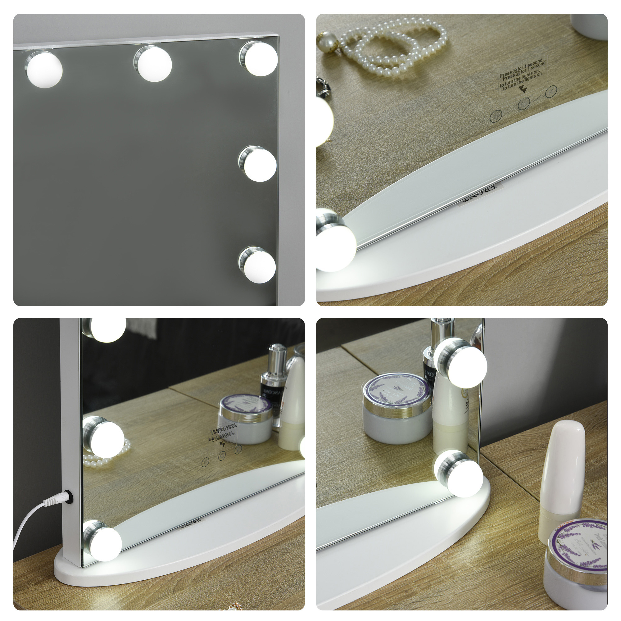 Espejo de tocador iluminado con bombillas redondas, colocado sobre una mesa de madera con artículos de cosmética.
