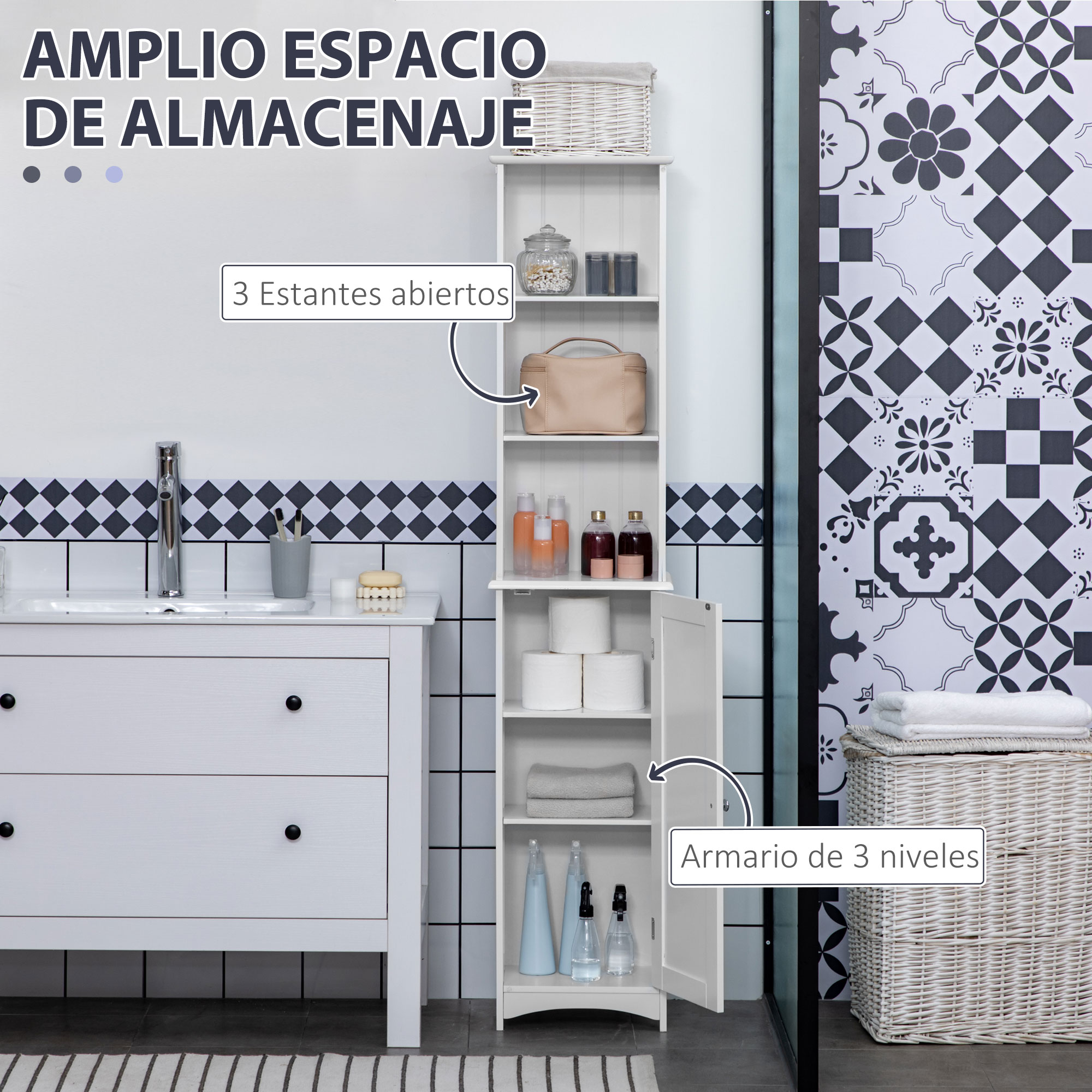 Armario de baño blanco con estantes abiertos y sección de armario en un baño moderno.