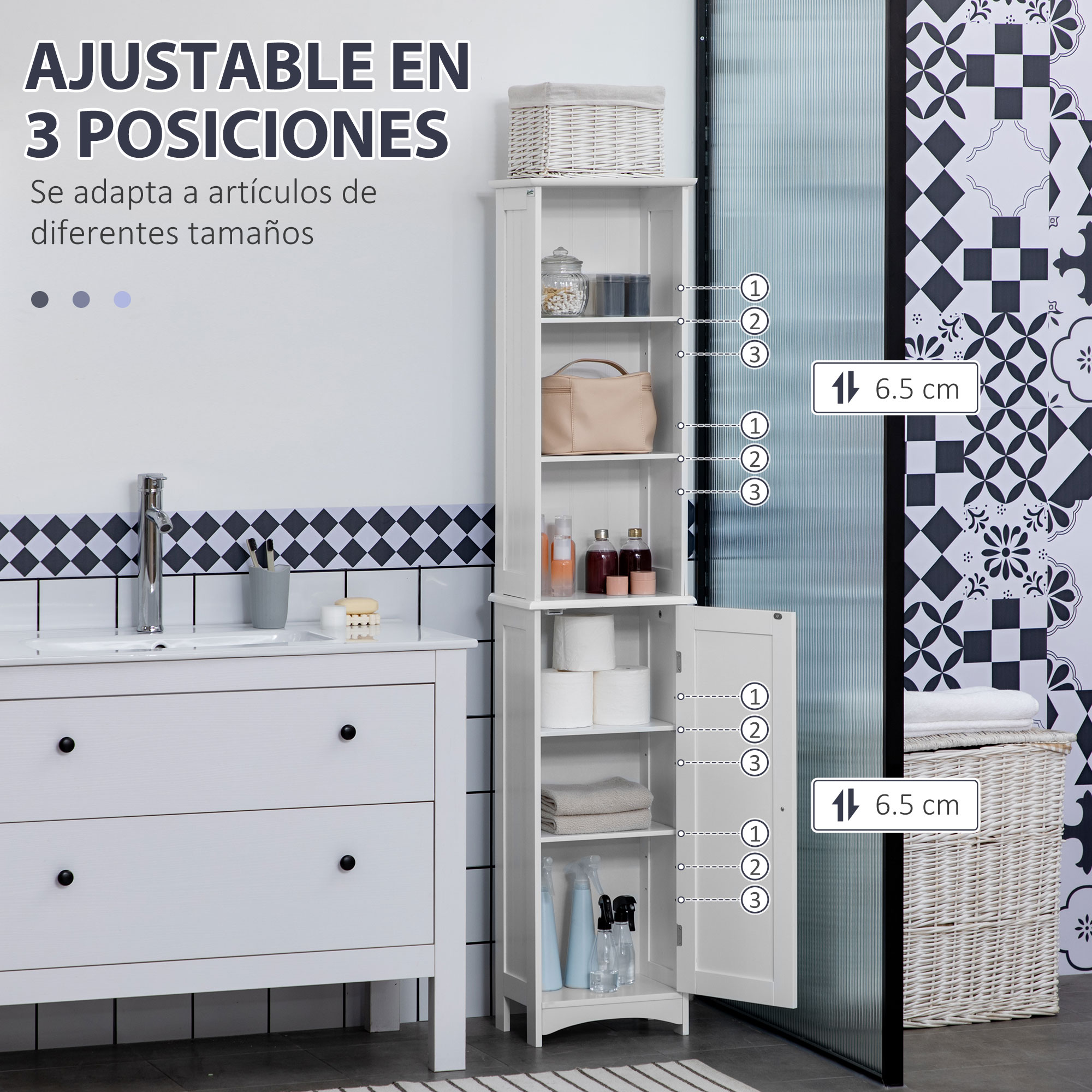 Un armario de baño blanco y alto con estantes ajustables está al lado de un lavabo y azulejos geométricos.