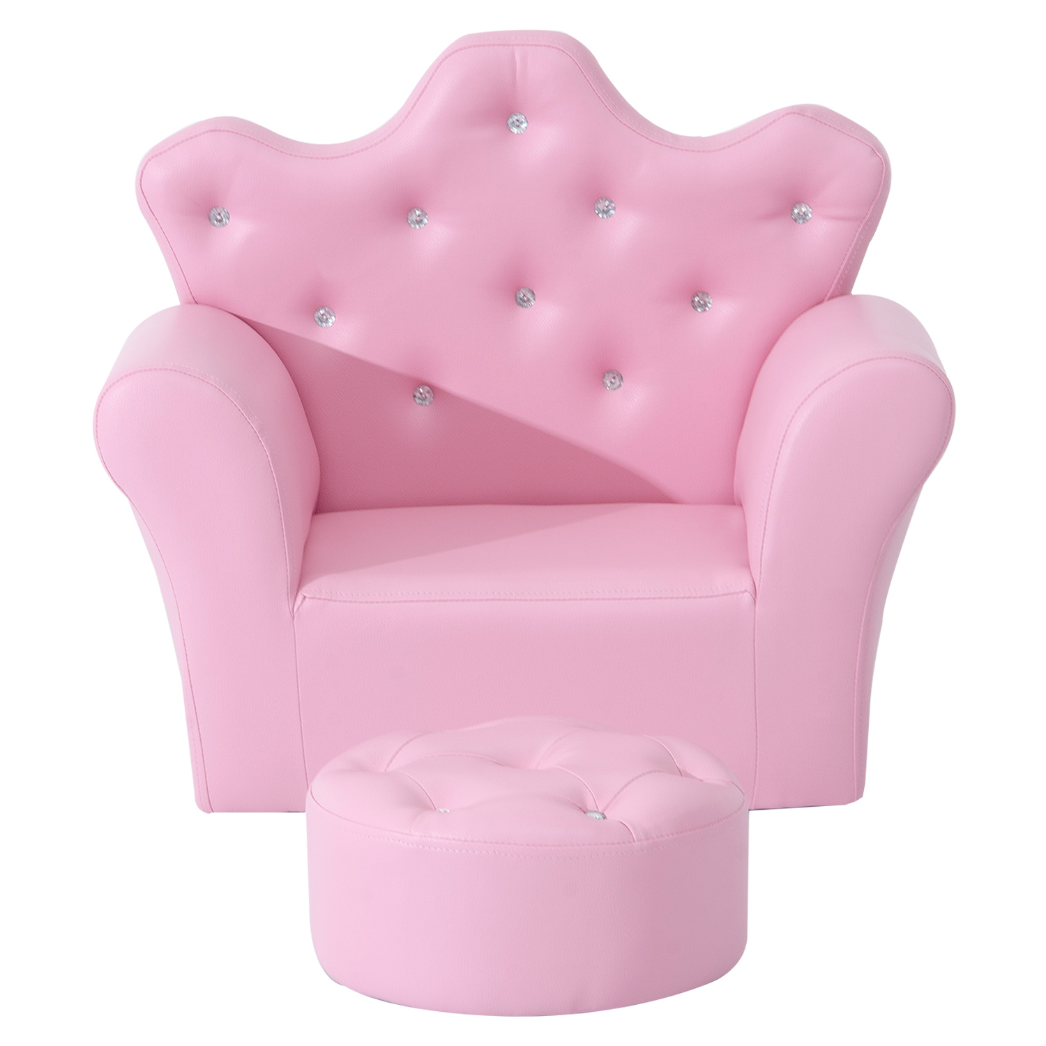Un sillón infantil rosa con respaldo de corona, botones de cristal y un taburete redondo a juego sobre fondo blanco.