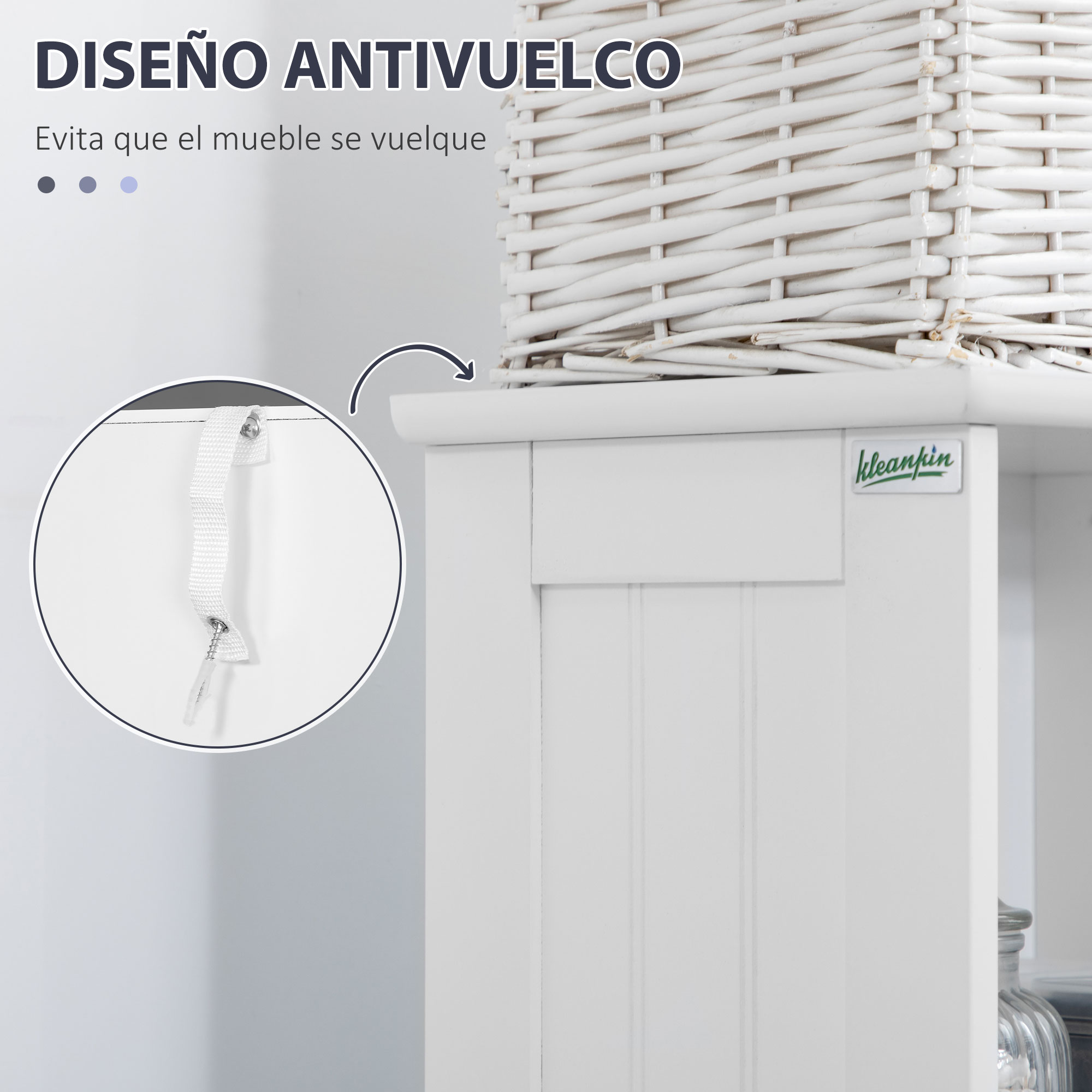 Diseño antivuelco de mueble blanco con cesta arriba y detalle de la correa de seguridad.