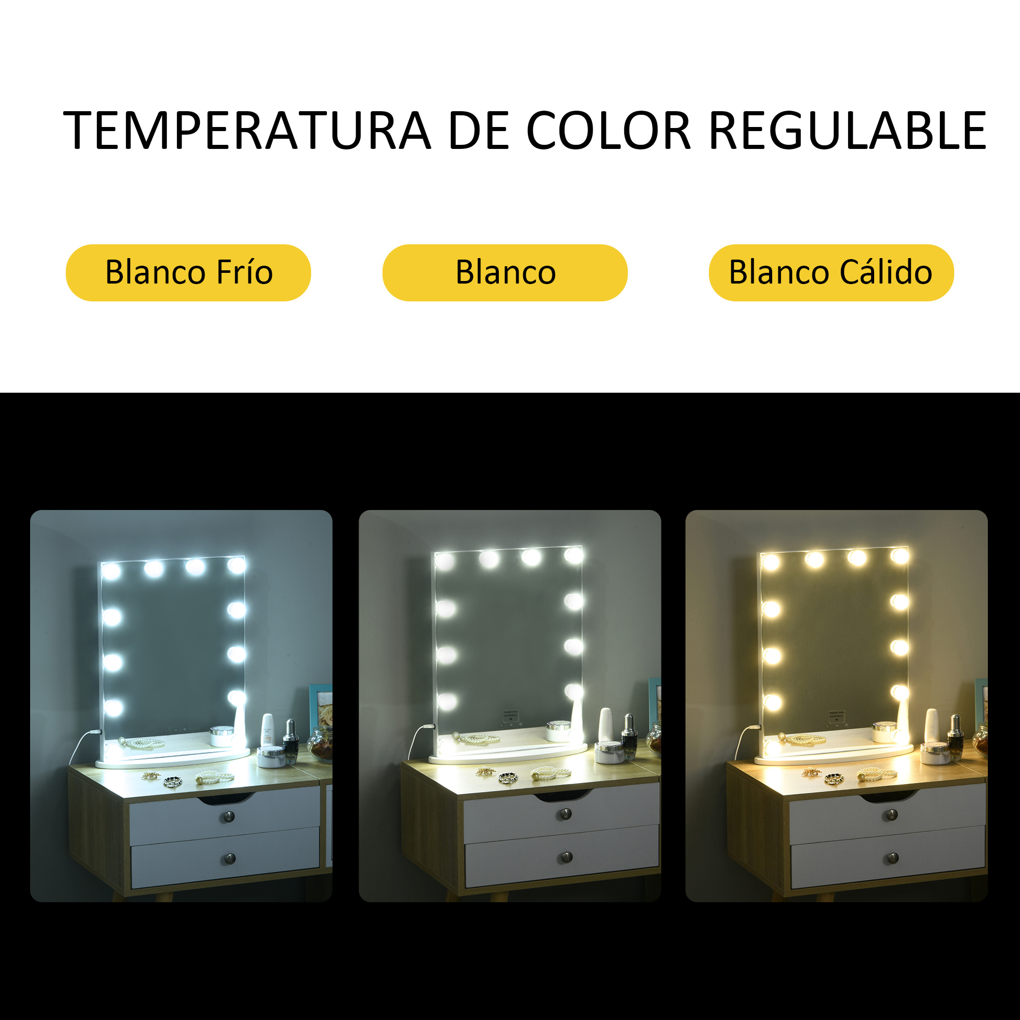Tres espejos iluminados en escritorios muestran diferentes temperaturas de color: frío, neutro y cálido.