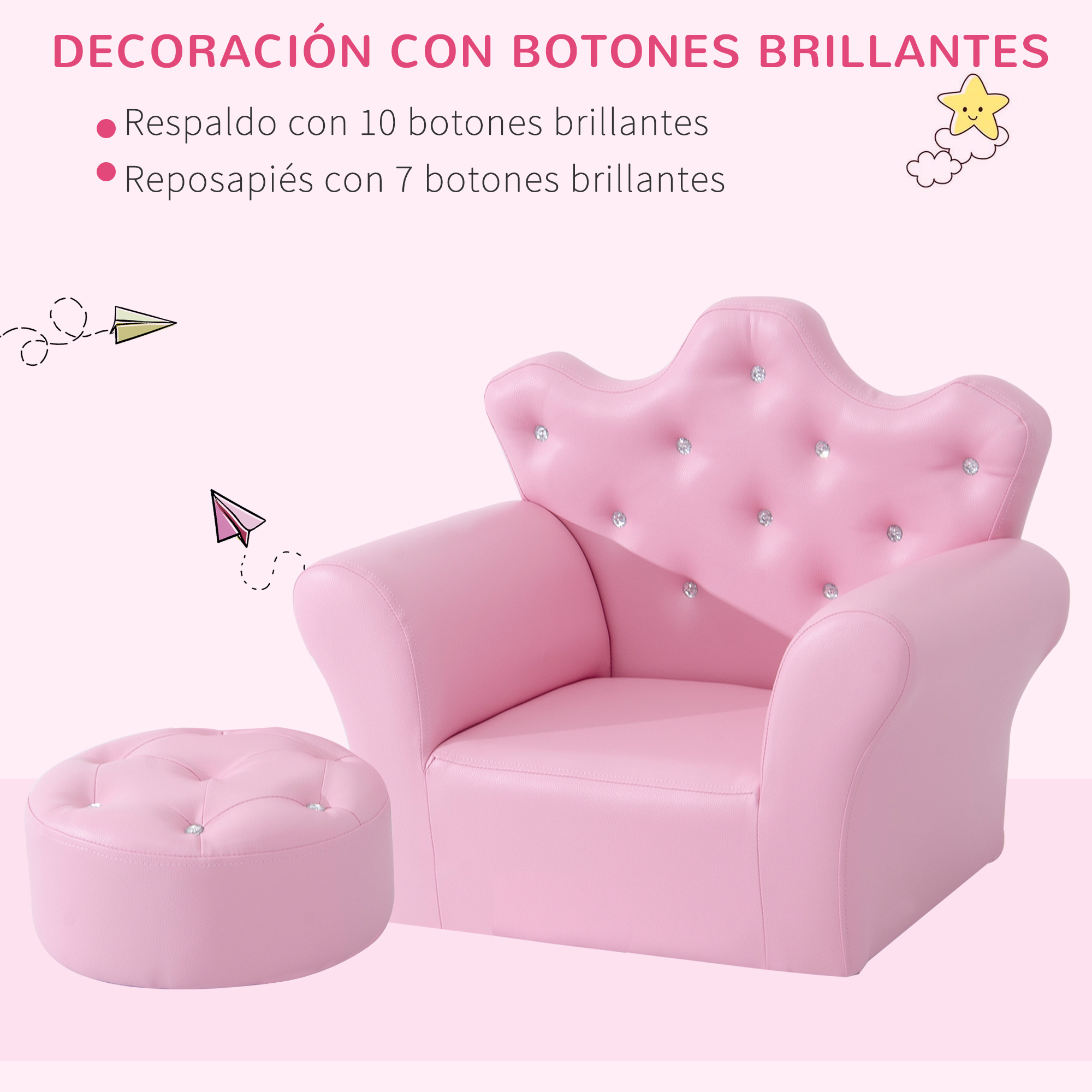 Un sillón infantil rosa y un taburete a juego con botones brillantes sobre fondo rosa.